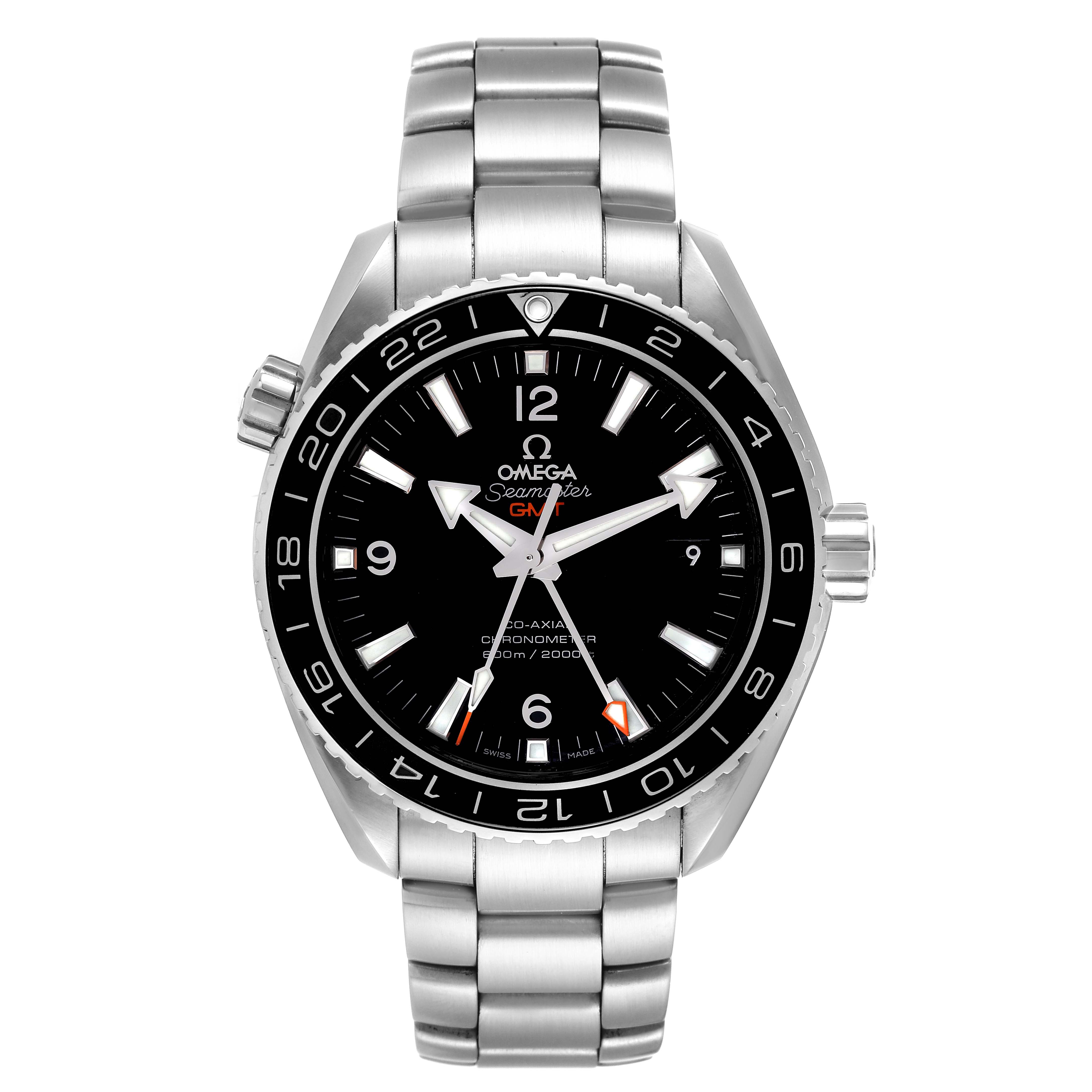 The image shows a front view of the Omega Planet Ocean 232.30.44.22.01.001 Men
s Stainless Steel Black Dial 232.30.44.22.01.001 Men
s Stainless Steel Black Dial watch, highlighting the dial, bezel, and stainless steel bracelet.