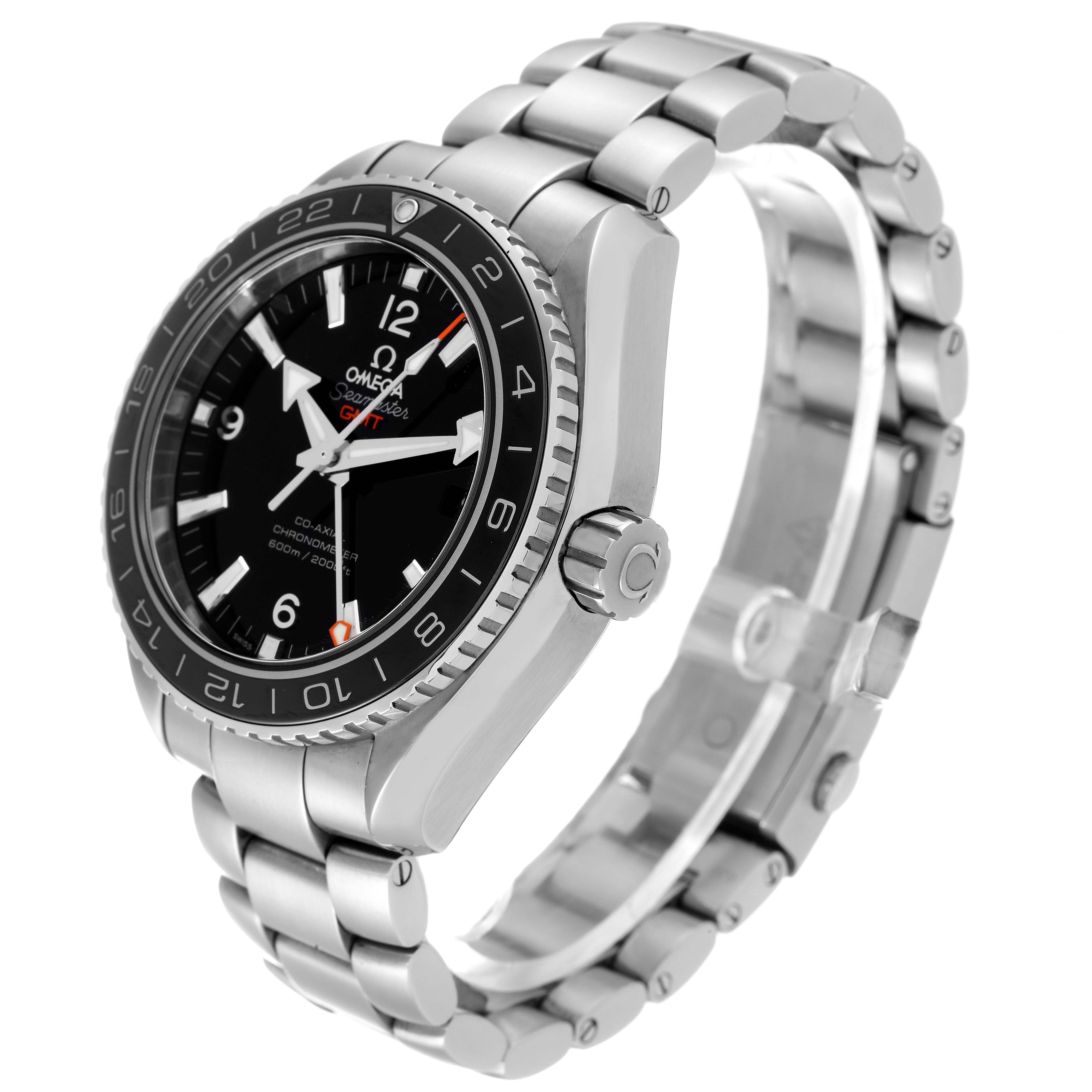 The image shows a side angled view of the Omega Planet Ocean 232.30.44.22.01.001 Men
s Stainless Steel Black Dial 232.30.44.22.01.001 Men
s Stainless Steel Black Dial watch, highlighting its bezel, crown, dial, and bracelet.