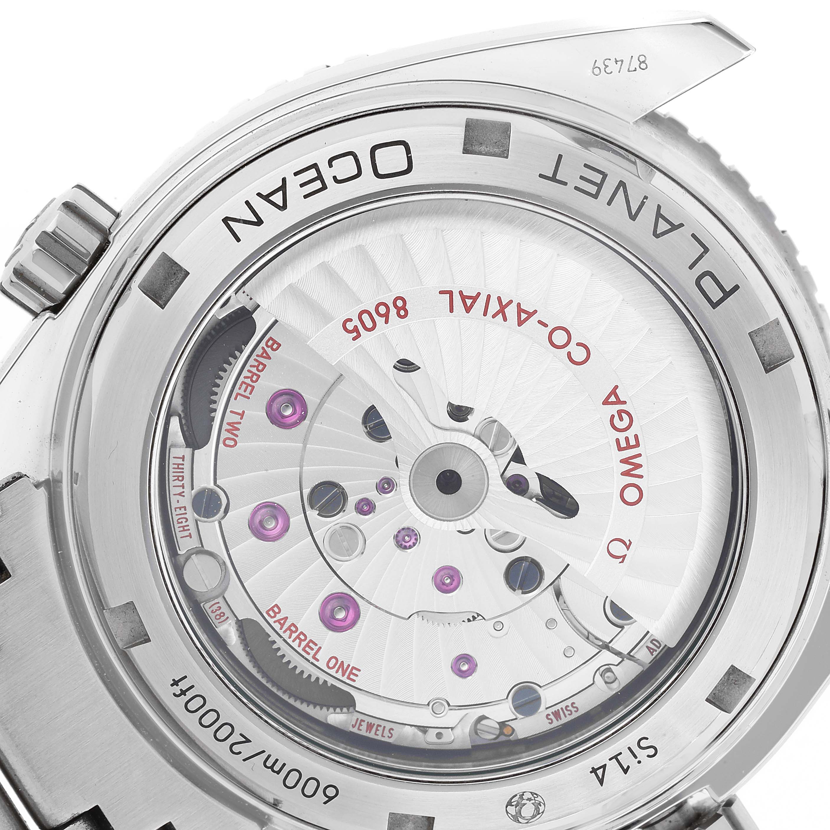 This image shows the back of the Omega Planet Ocean 232.30.44.22.01.001 Men
s Stainless Steel Black Dial 232.30.44.22.01.001 Men
s Stainless Steel Black Dial watch, highlighting its movement and internal mechanics.