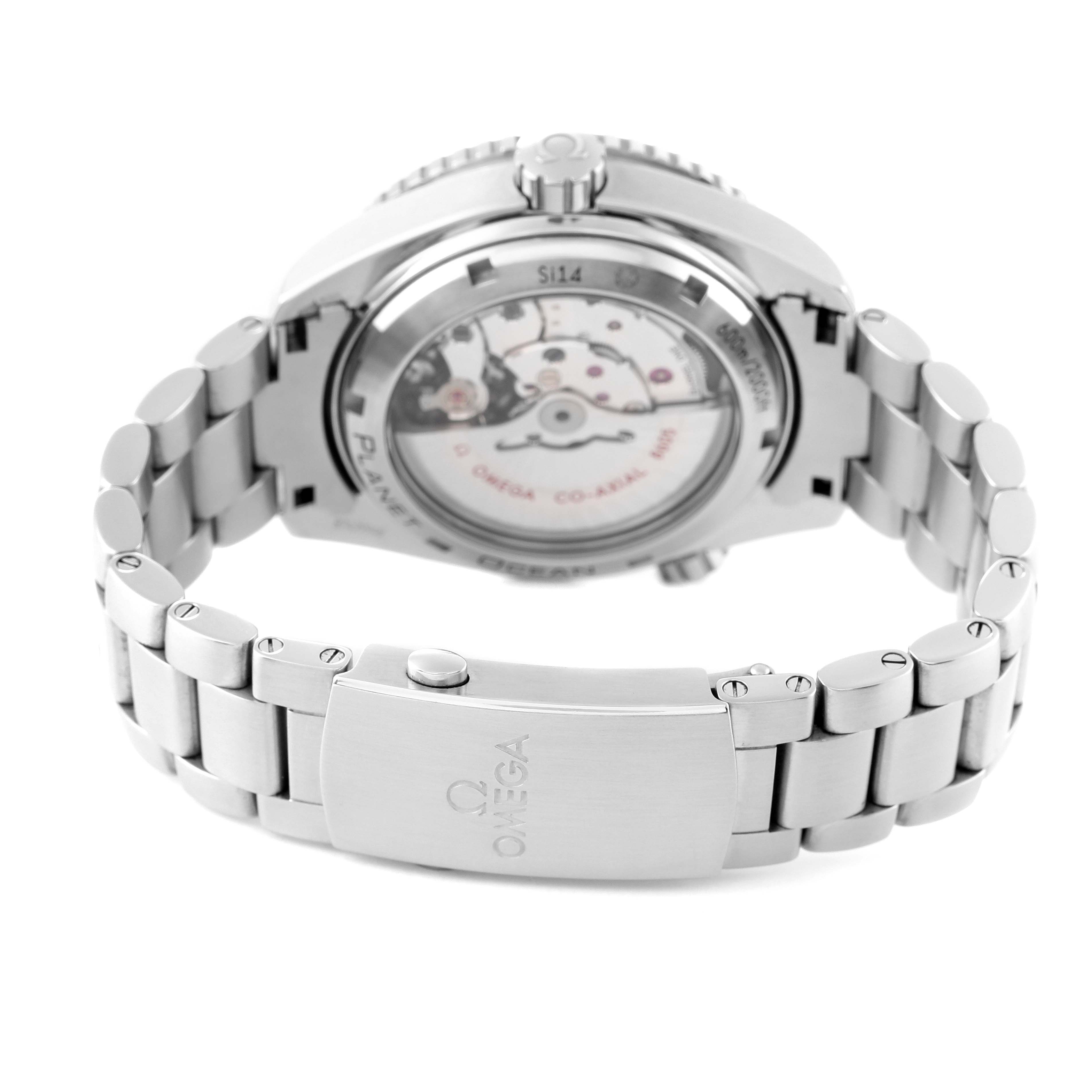 The image shows the back view of the Omega Planet Ocean 232.30.44.22.01.001 Men
s Stainless Steel Black Dial 232.30.44.22.01.001 Men
s Stainless Steel Black Dial watch, highlighting the case back, bracelet, and clasp.