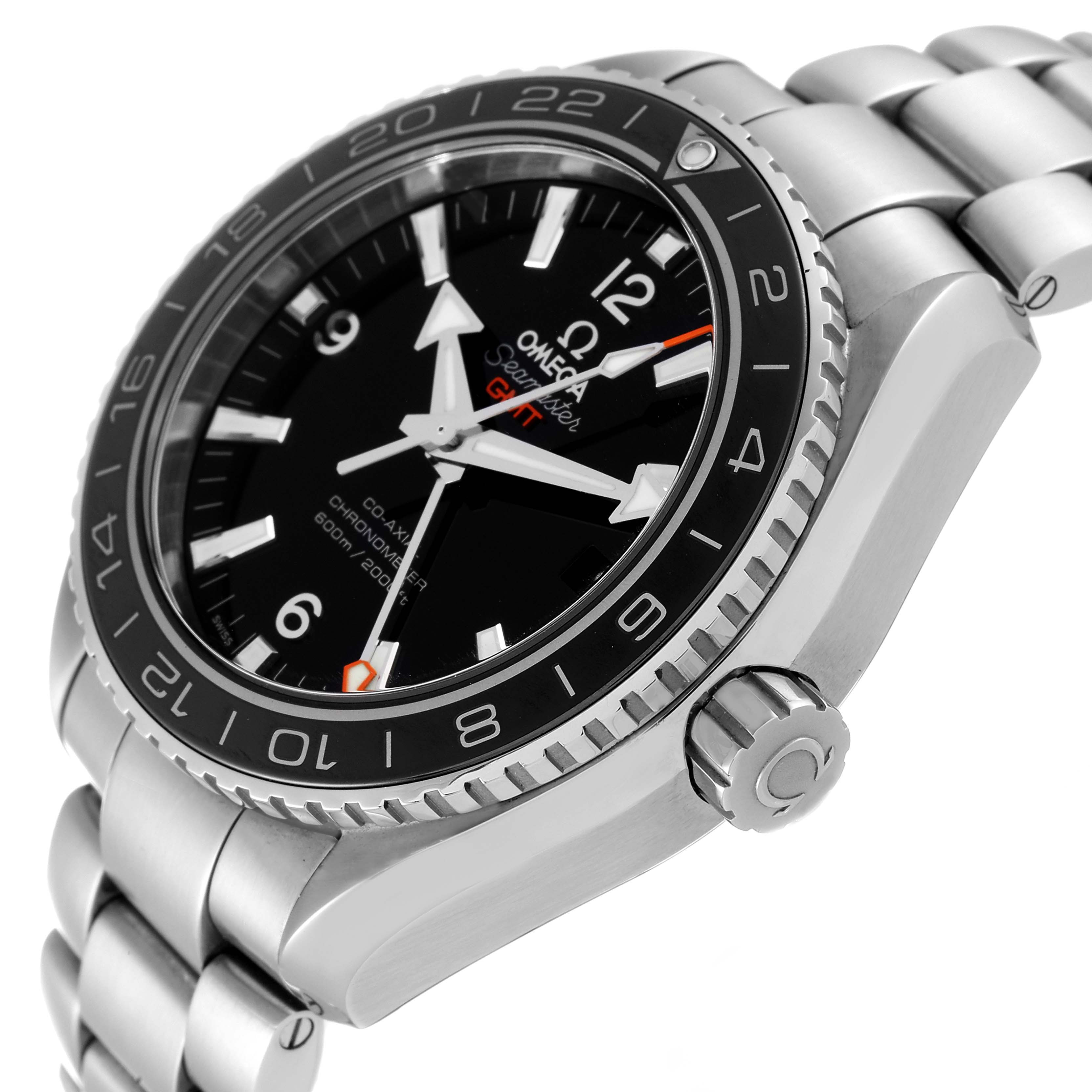 The Omega Planet Ocean 232.30.44.22.01.001 Men
s Stainless Steel Black Dial 232.30.44.22.01.001 Men
s Stainless Steel Black Dial watch is shown at an angle emphasizing the bezel, crown, and bracelet.