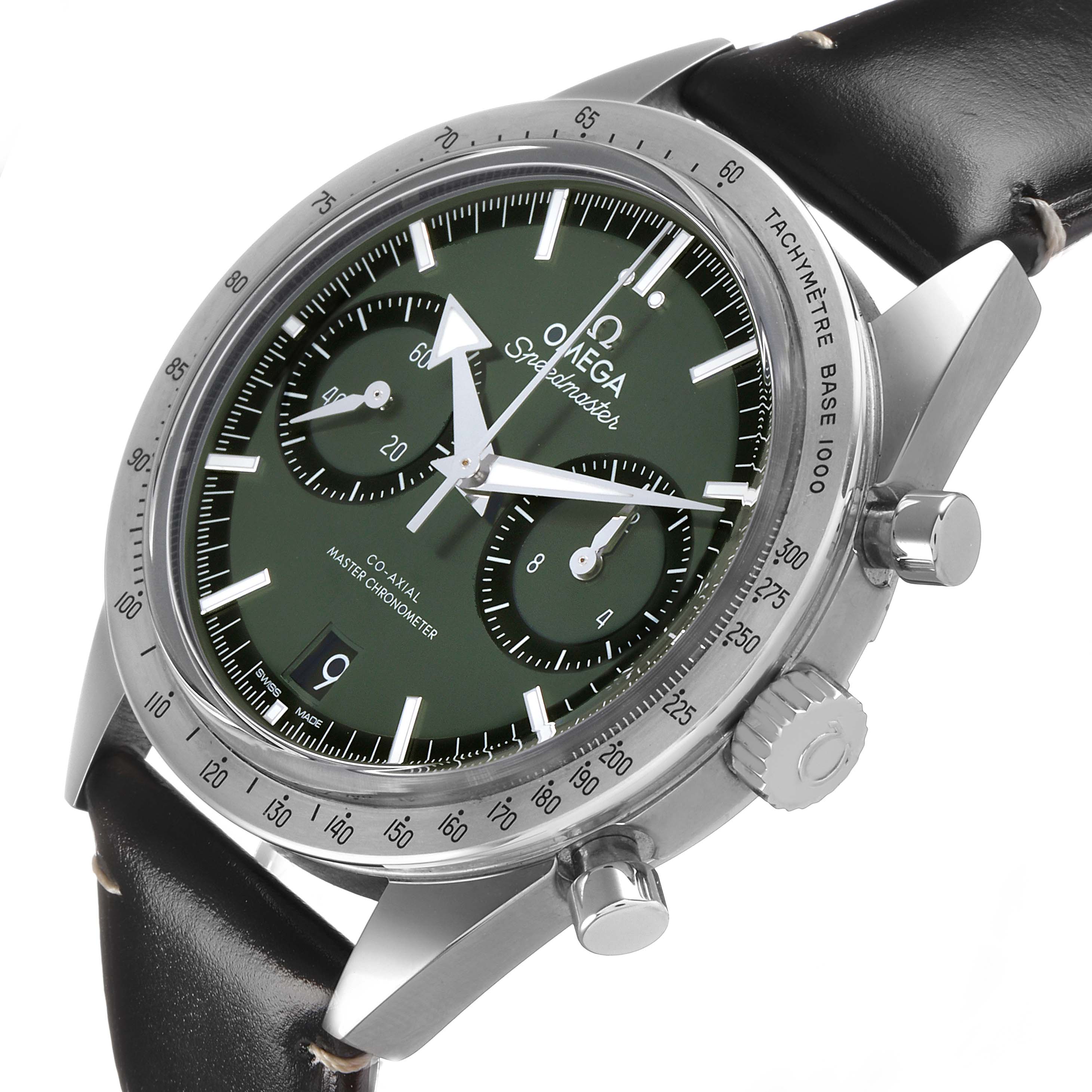 The Omega Speedmaster 332.12.41.51.10.001 Men's Stainless Steel Green Dial watch is shown at a slight angle, featuring the face, bezel, pushers, crown, and leather strap.