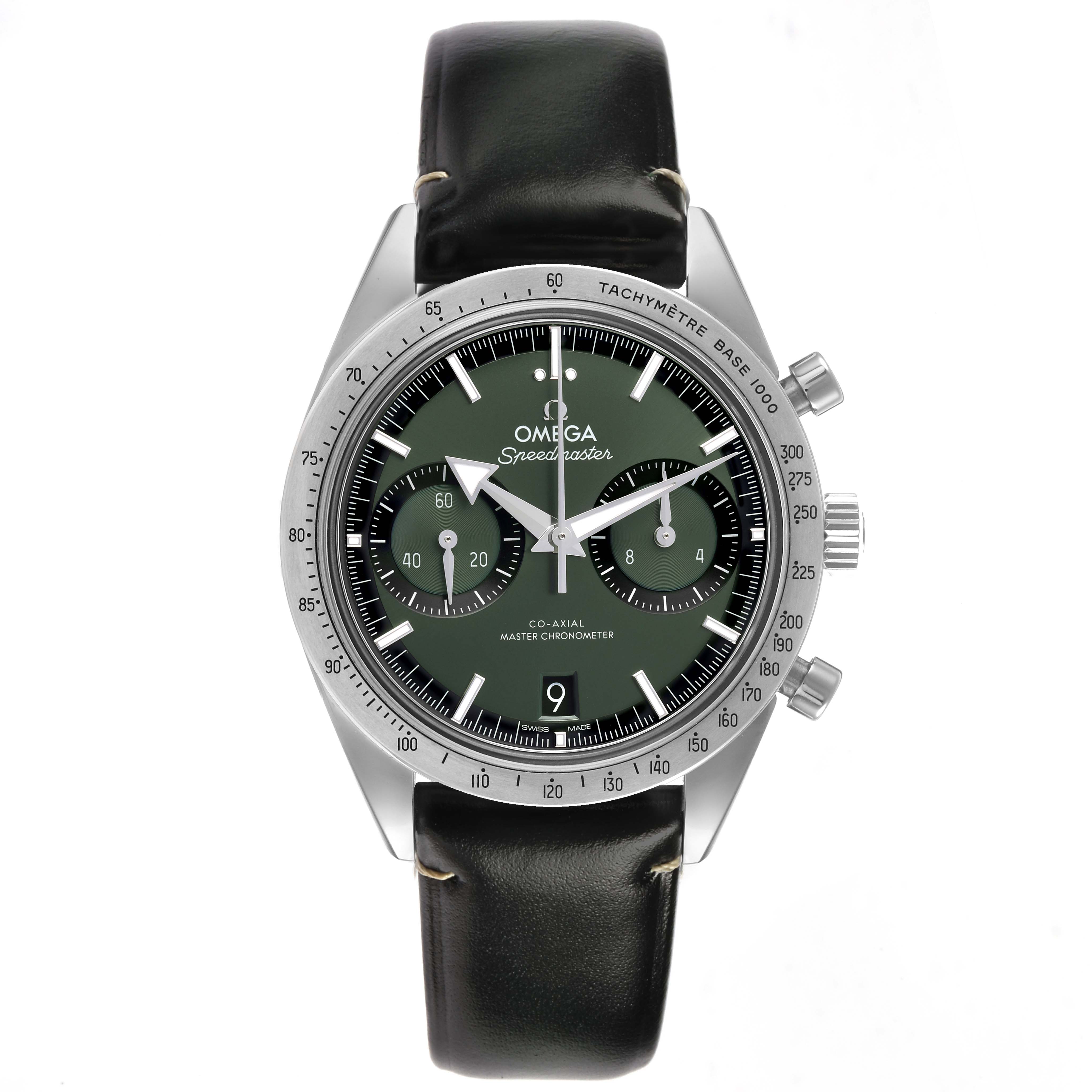 The Omega Speedmaster 332.12.41.51.10.001 Men's Stainless Steel Green Dial watch is shown from a front view, displaying the face, bezel, subdials, pushers, and leather strap.