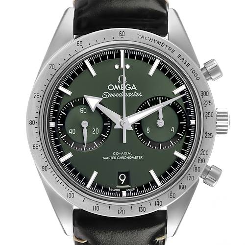 The Omega Speedmaster 332.12.41.51.10.001 Men's Stainless Steel Green Dial watch is shown from a front angle, detailing the dial, subdials, bezel, and crown.
