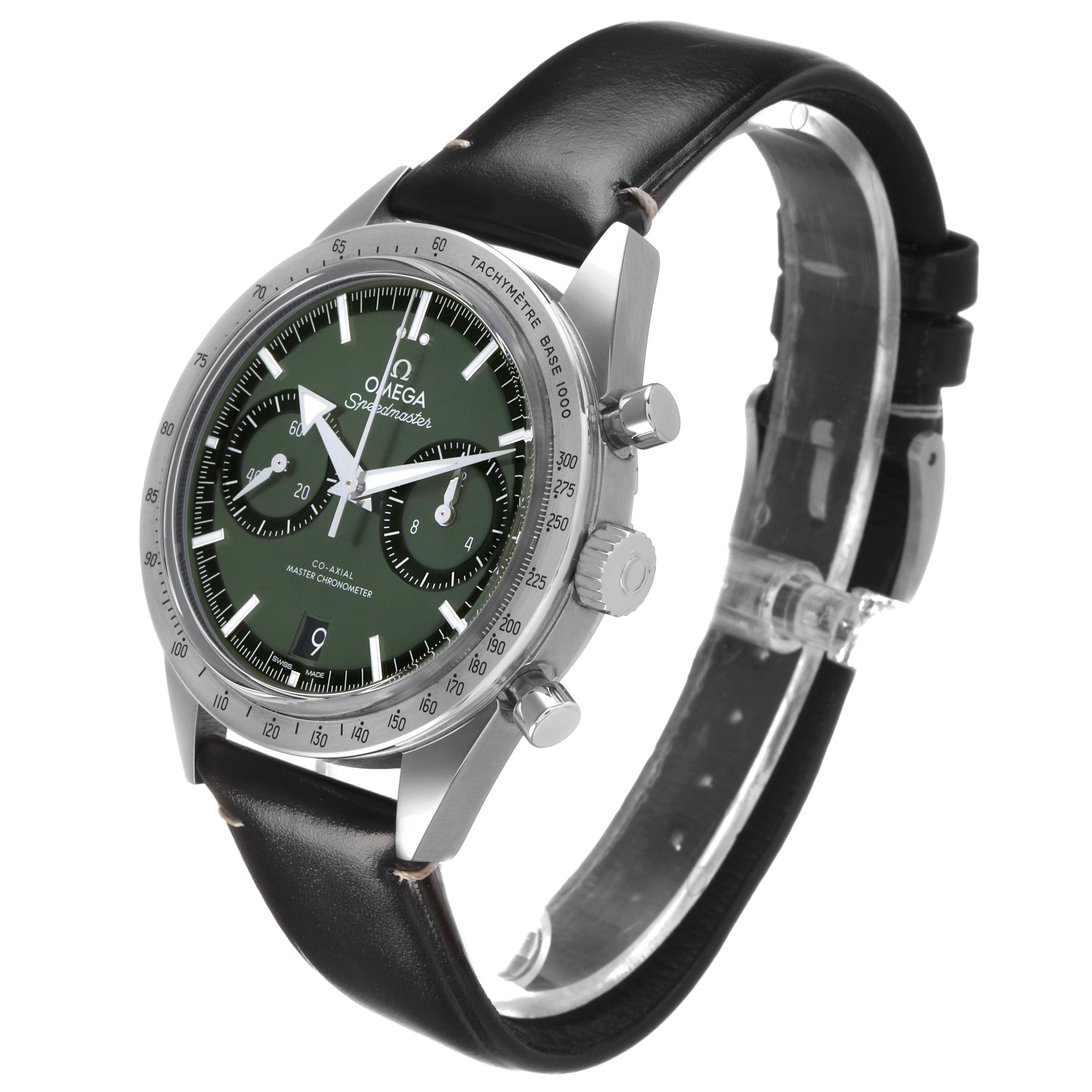 The Omega Speedmaster 332.12.41.51.10.001 Men's Stainless Steel Green Dial watch is shown at a three-quarter angle, displaying the face, bezel, crown, and leather strap.