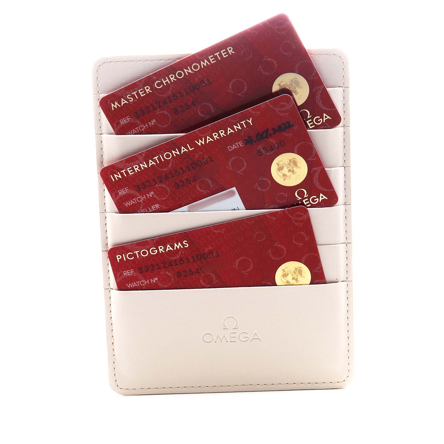 The image shows the warranty and certification cards for an Omega Speedmaster 332.12.41.51.10.001 Men's Stainless Steel Green Dial, displayed in a branded leather holder.