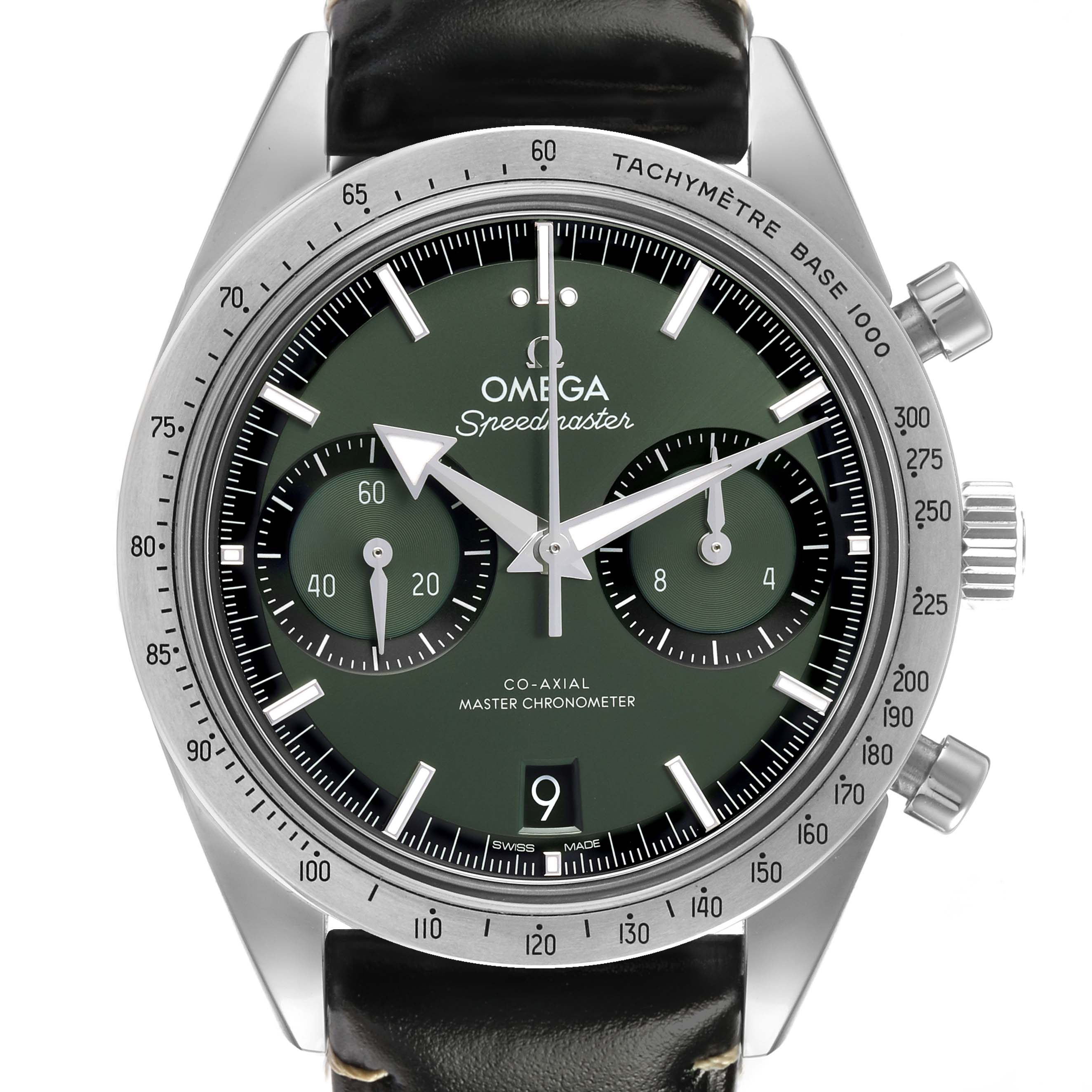 The Omega Speedmaster 332.12.41.51.10.001 Men's Stainless Steel Green Dial watch is shown from a front angle, displaying the dial, bezel, and straps.