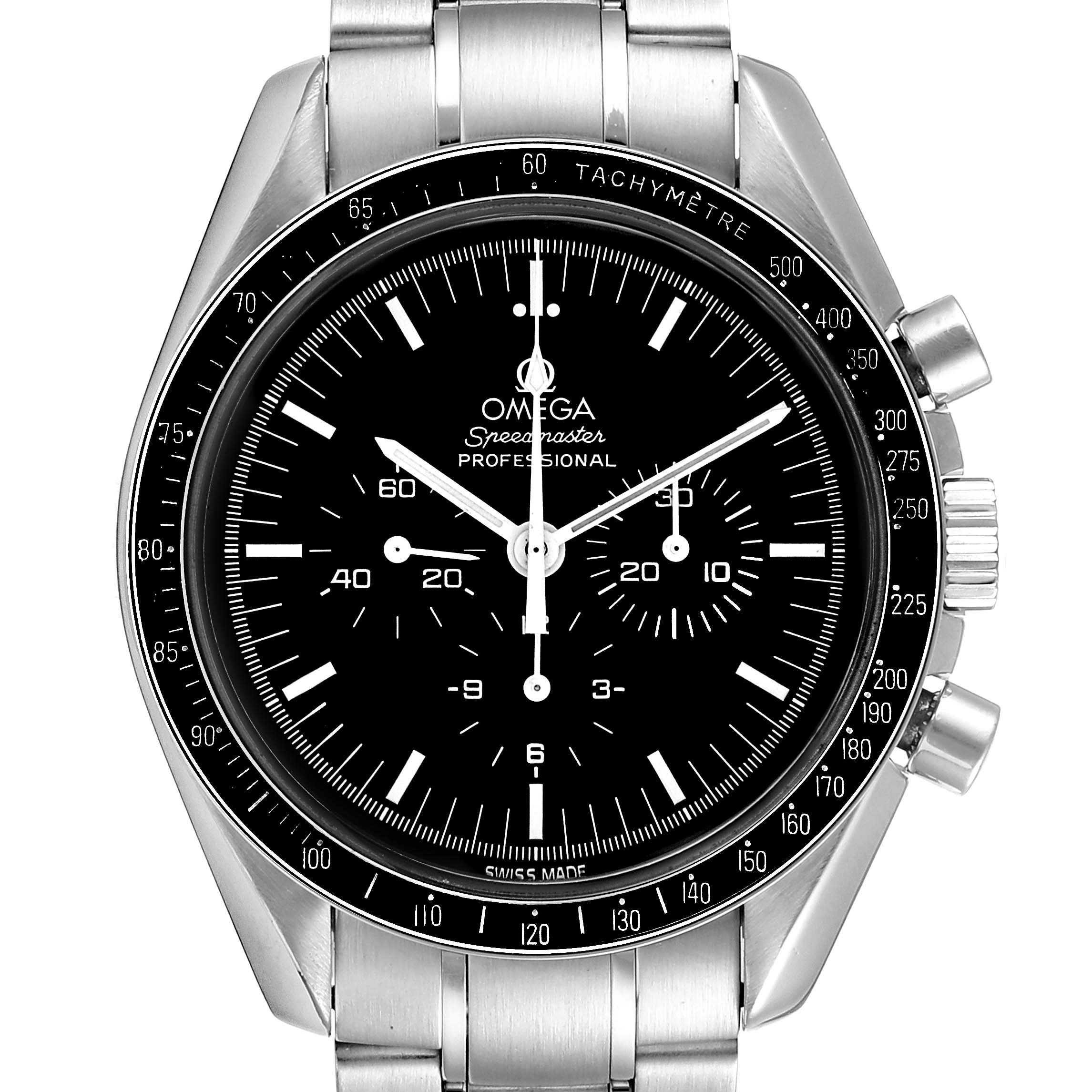 This image shows a front view of an Omega Speedmaster 3570.50.00 Men's Stainless Steel Black Dial 3570.50.00 Men's Stainless Steel Black Dial watch, highlighting its black dial, stainless steel case, and chronograph subdials.