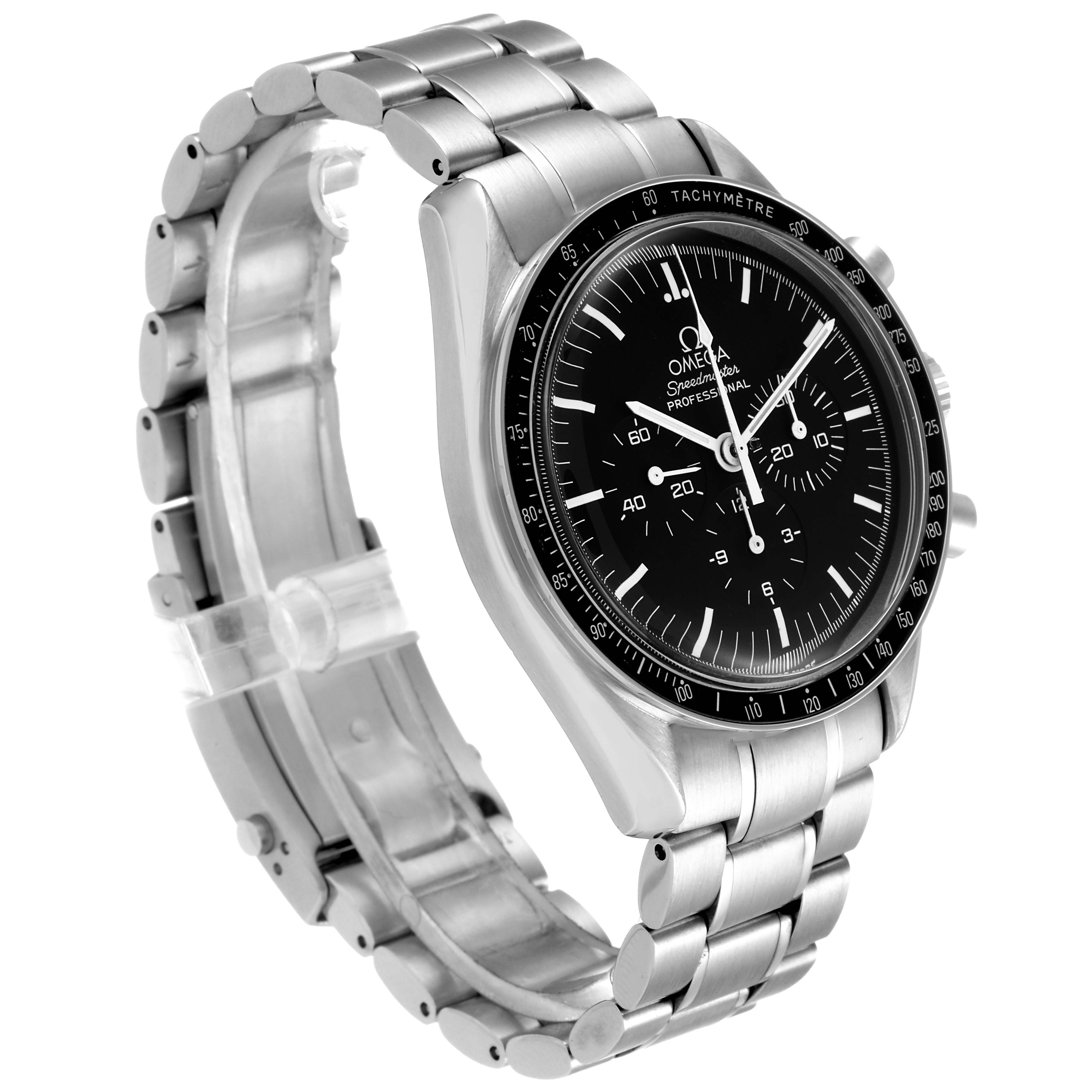 This Omega Speedmaster 3570.50.00 Men's Stainless Steel Black Dial 3570.50.00 Men's Stainless Steel Black Dial watch is shown from an oblique front angle, displaying the face, bracelet, and partial clasp.