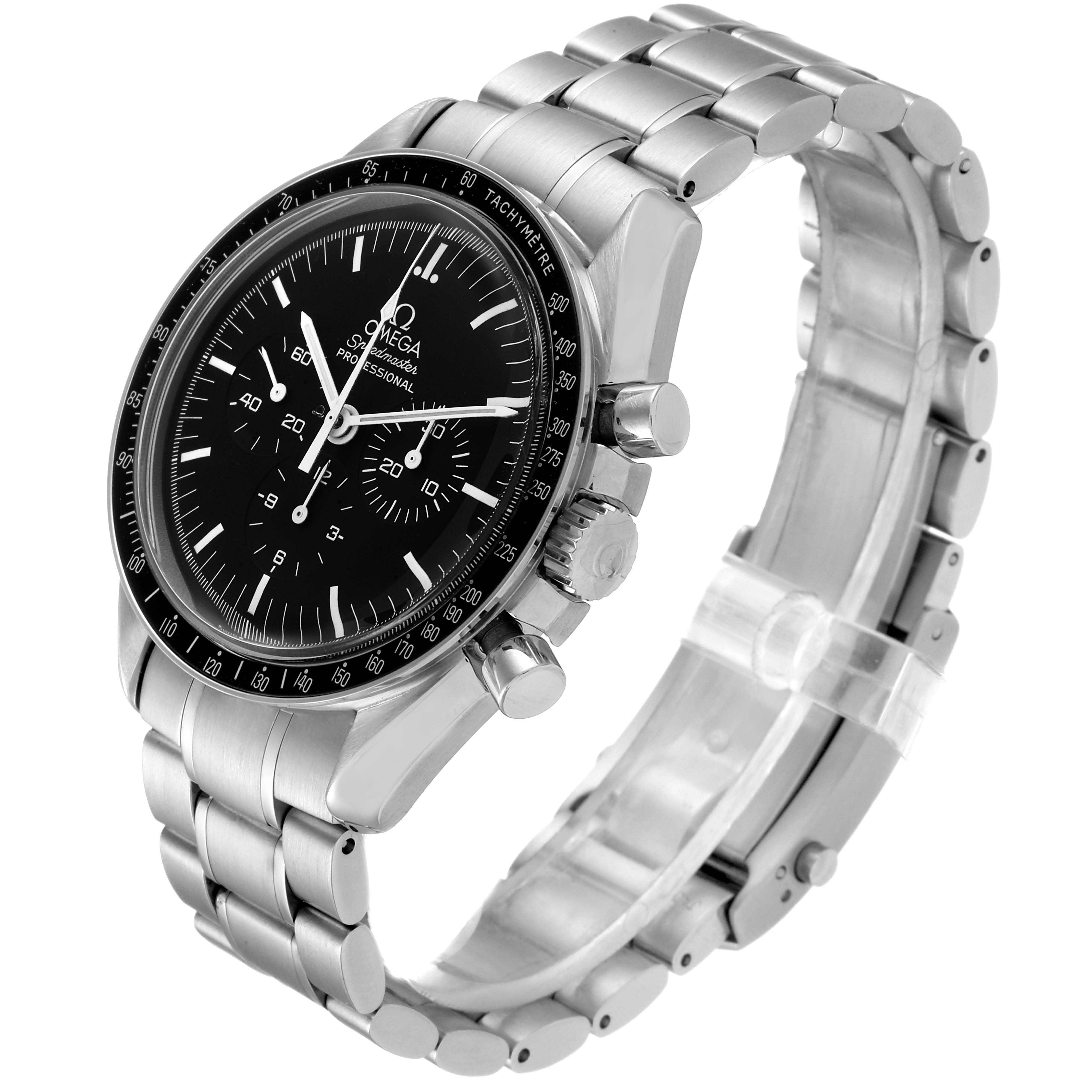 The Omega Speedmaster 3570.50.00 Men's Stainless Steel Black Dial 3570.50.00 Men's Stainless Steel Black Dial watch is shown at an angle displaying the face, chronograph buttons, and stainless steel bracelet.