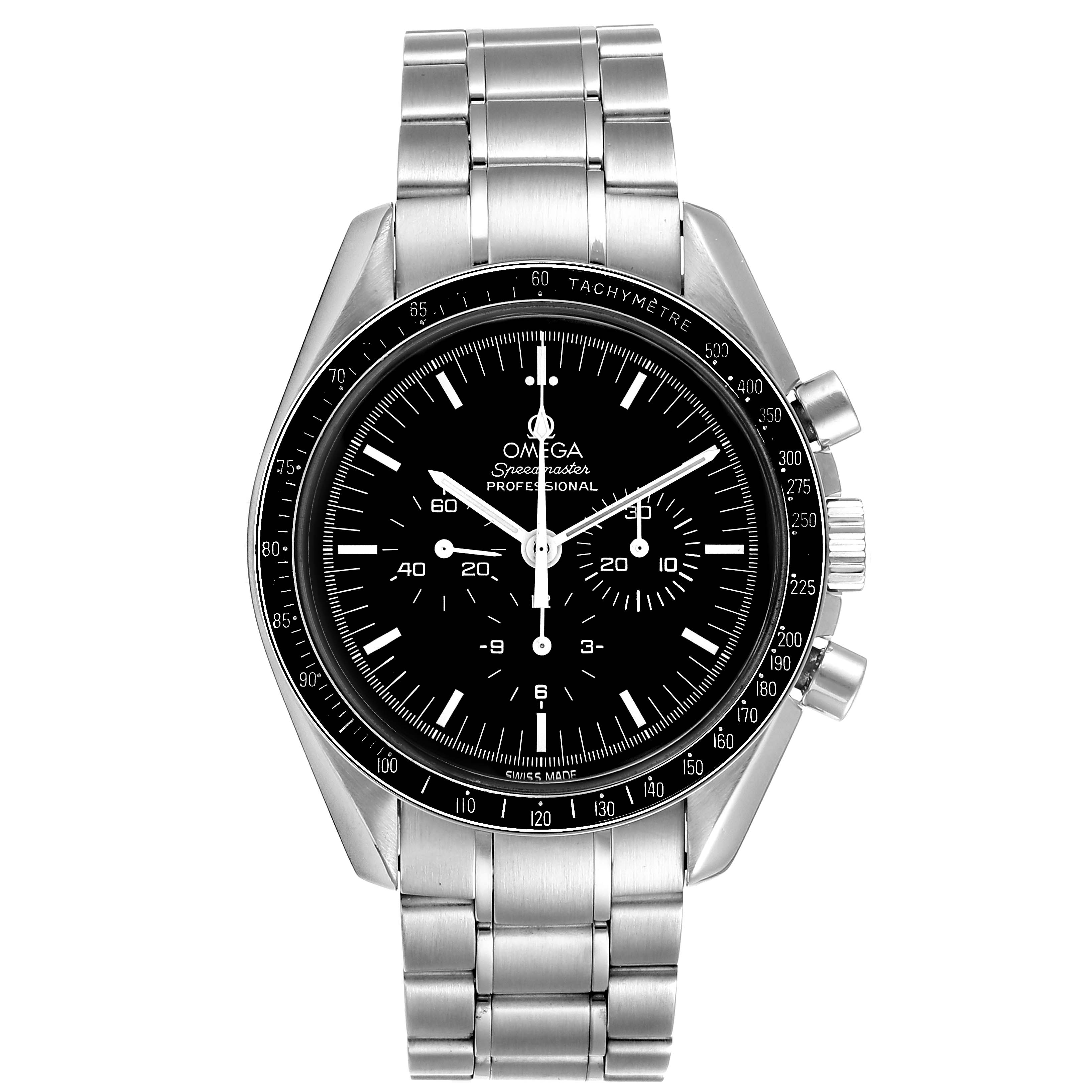 This image shows a front view of an Omega Speedmaster 3570.50.00 Men's Stainless Steel Black Dial 3570.50.00 Men's Stainless Steel Black Dial watch, featuring its dial, bezel, pushers, and bracelet.
