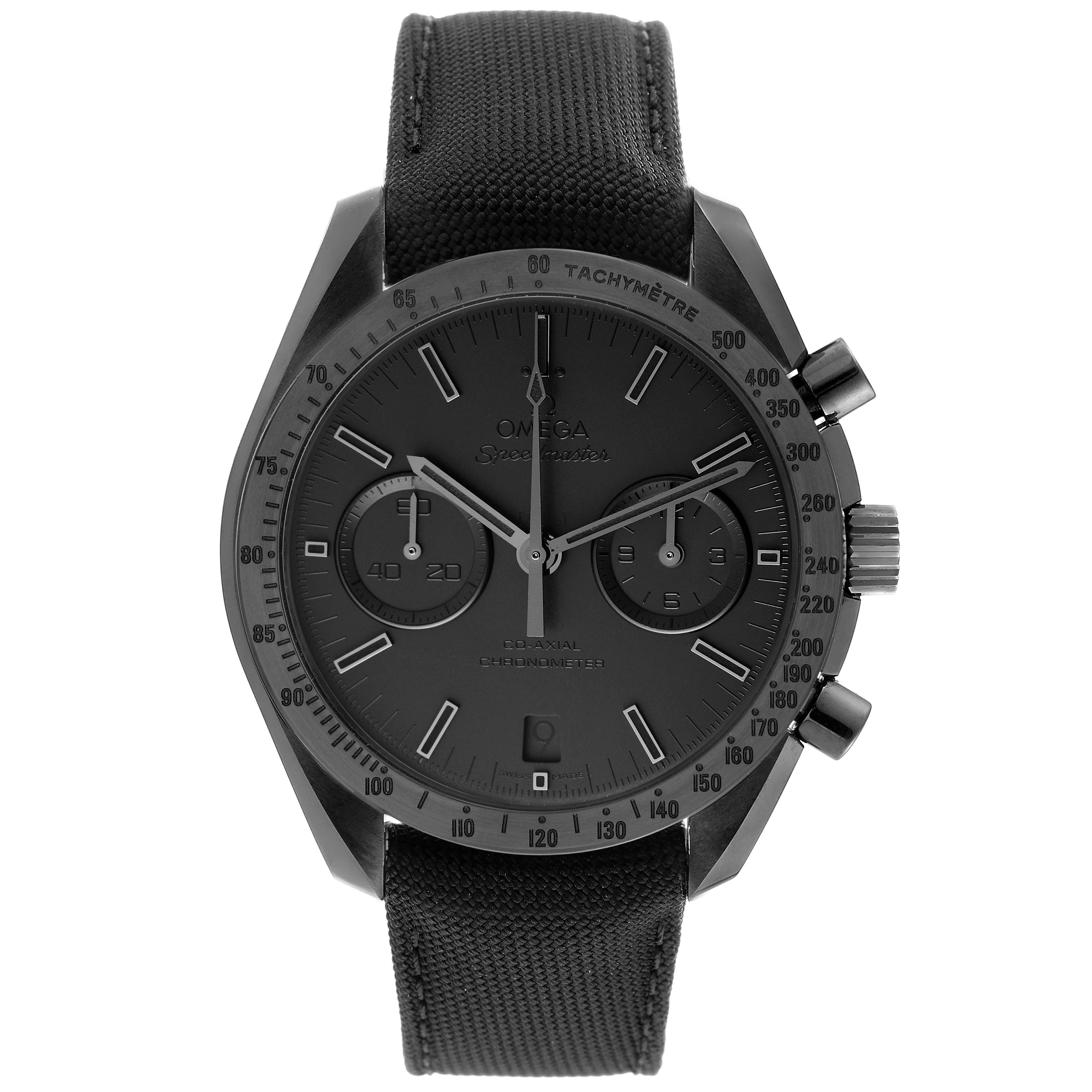 This image shows the front view of an Omega Speedmaster 311.92.44.51.01.005 Men's Stainless Steel Black Dial 311.92.44.51.01.005 Men's Stainless Steel Black Dial watch, highlighting the dial, bezel, and strap.