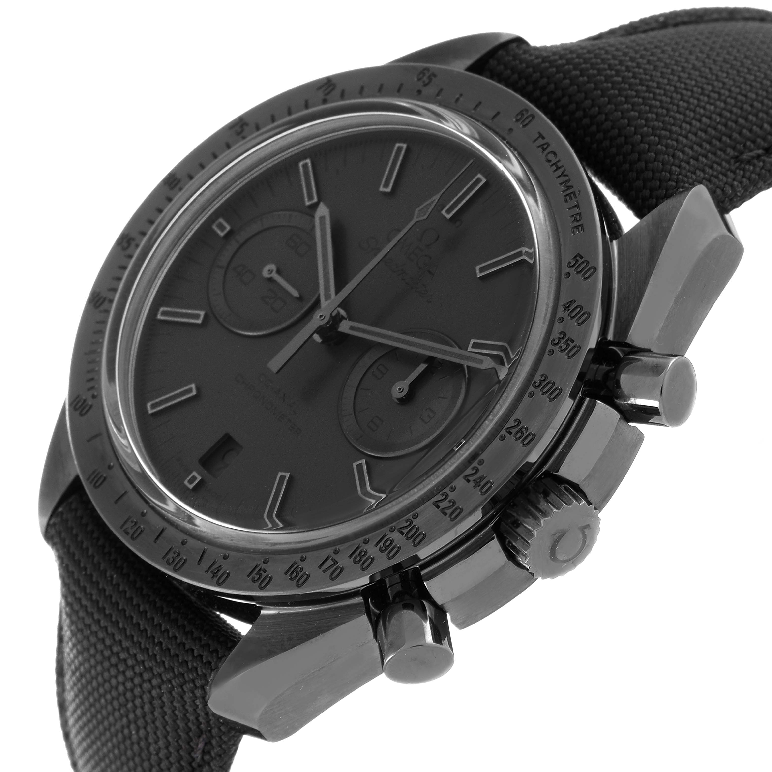The image shows a side angle of the Omega Speedmaster 311.92.44.51.01.005 Men's Stainless Steel Black Dial 311.92.44.51.01.005 Men's Stainless Steel Black Dial watch, highlighting the crown, chronograph pushers, and tachymeter bezel.
