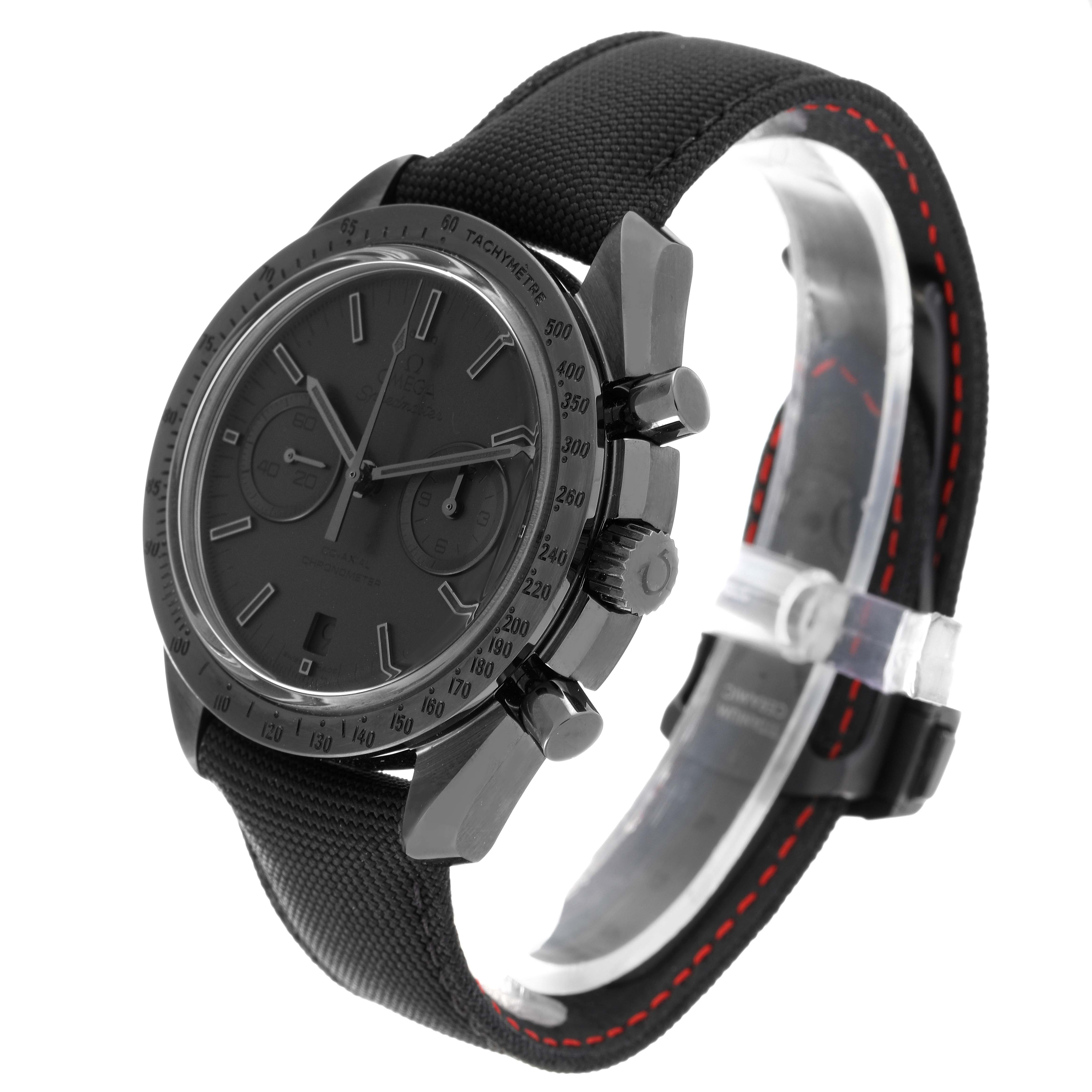 The Omega Speedmaster 311.92.44.51.01.005 Men's Stainless Steel Black Dial 311.92.44.51.01.005 Men's Stainless Steel Black Dial watch is shown at a three-quarter angle, displaying its dial, bezel, pushers, and fabric strap.