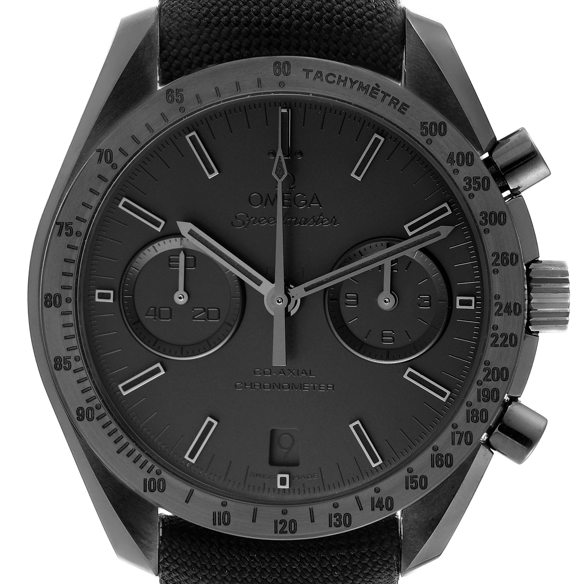 This image shows a front view of the Omega Speedmaster 311.92.44.51.01.005 Men's Stainless Steel Black Dial 311.92.44.51.01.005 Men's Stainless Steel Black Dial watch, displaying the dial, subdials, and part of the textured strap.