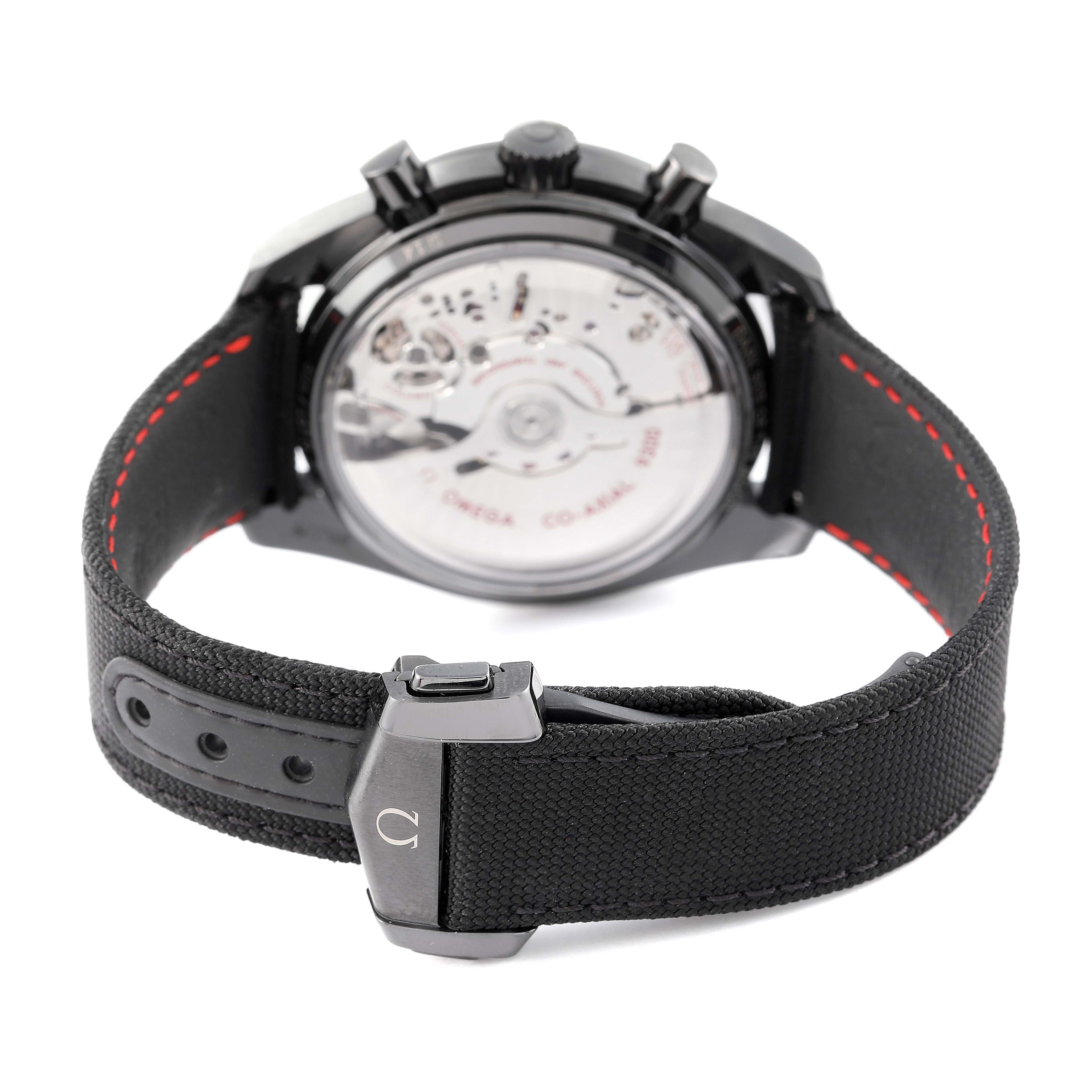 This image shows the Omega Speedmaster 311.92.44.51.01.005 Men's Stainless Steel Black Dial 311.92.44.51.01.005 Men's Stainless Steel Black Dial watch from the back, highlighting the case back and part of the strap with its clasp.