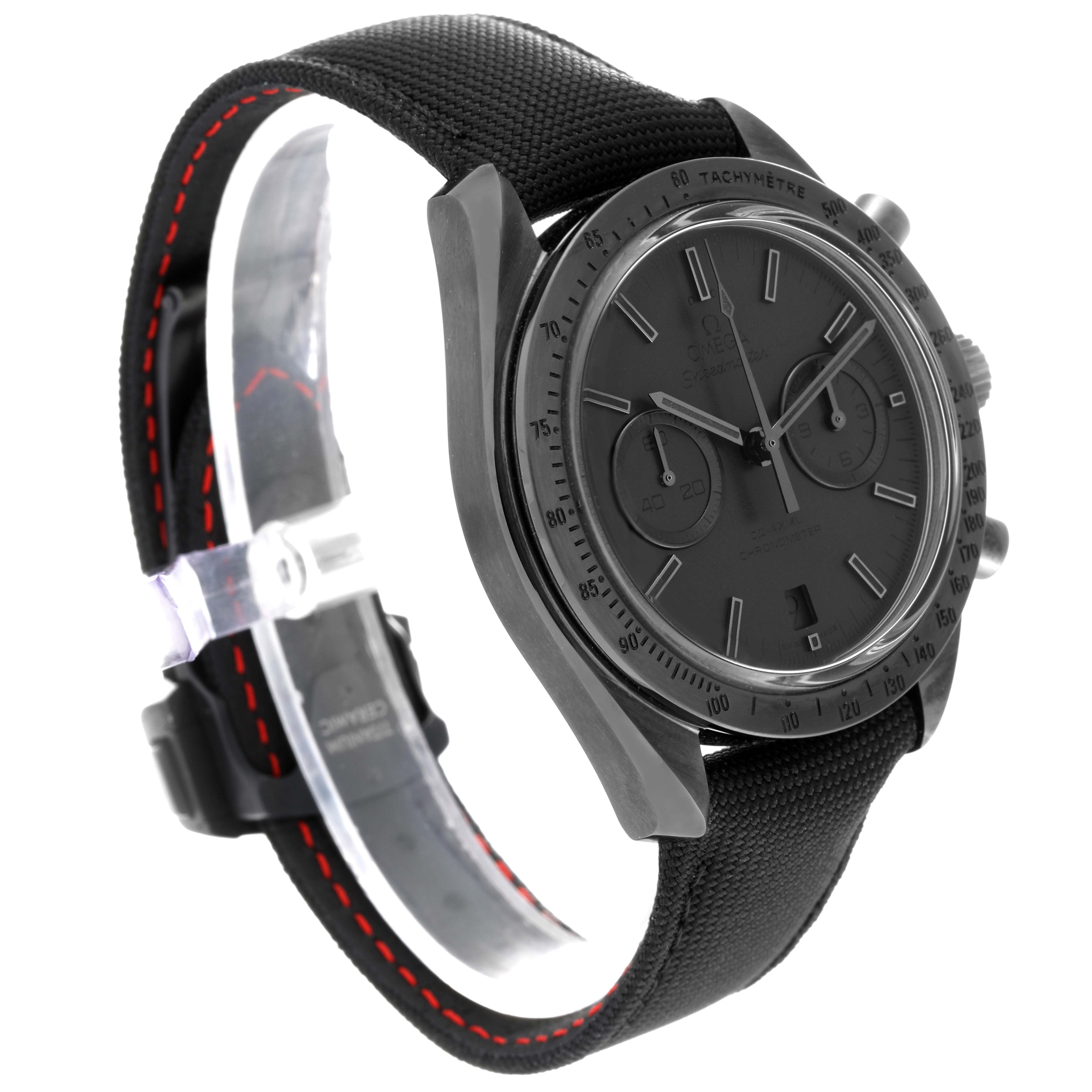 The image shows an Omega Speedmaster 311.92.44.51.01.005 Men's Stainless Steel Black Dial 311.92.44.51.01.005 Men's Stainless Steel Black Dial watch angled from the right, highlighting the face, bezel, and black strap with red stitching.