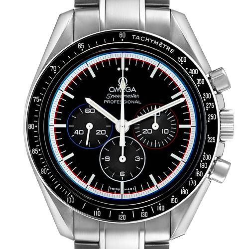 The Omega Speedmaster 311.30.42.30.01.003 Men's Stainless Steel Black Dial is shown from the front, highlighting the dial, bezel, and pushers.