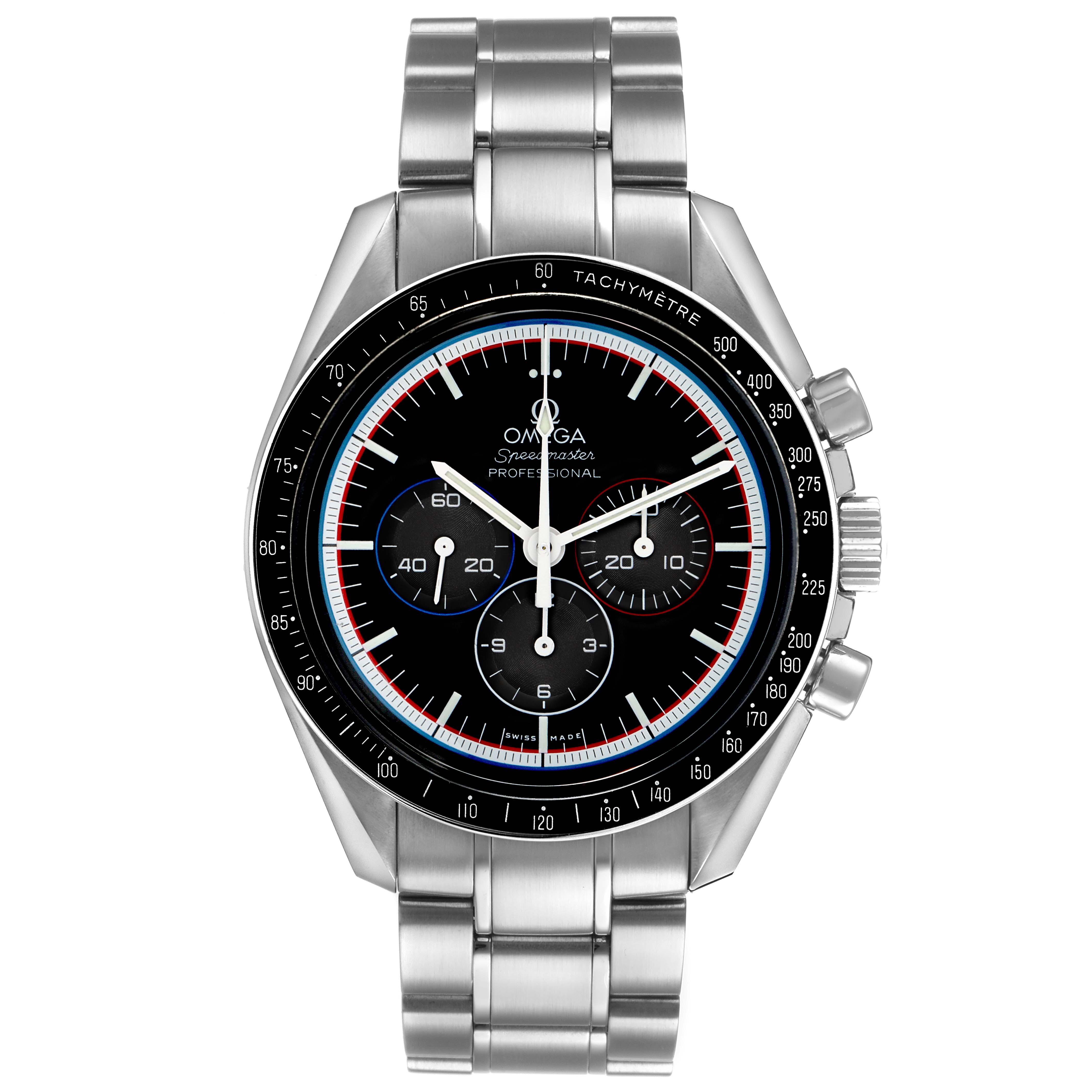 The Omega Speedmaster 311.30.42.30.01.003 Men's Stainless Steel Black Dial watch is shown from a front angle, highlighting the bracelet, case, tachymeter bezel, and chronograph subdials.