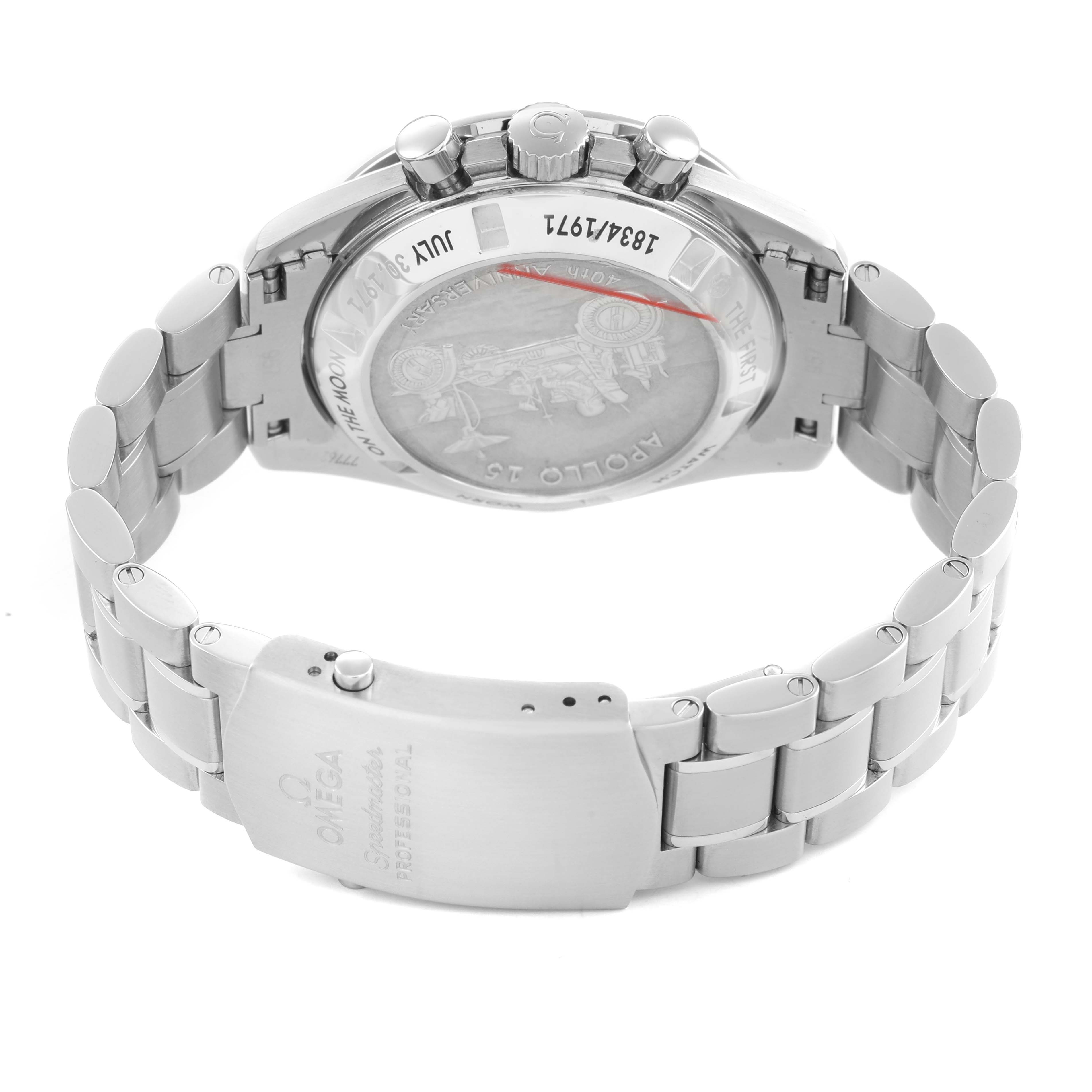 The image shows the Omega Speedmaster 311.30.42.30.01.003 Men's Stainless Steel Black Dial watch's clasp and engraved case back from a rear angle, highlighting its metal bracelet and detailing.