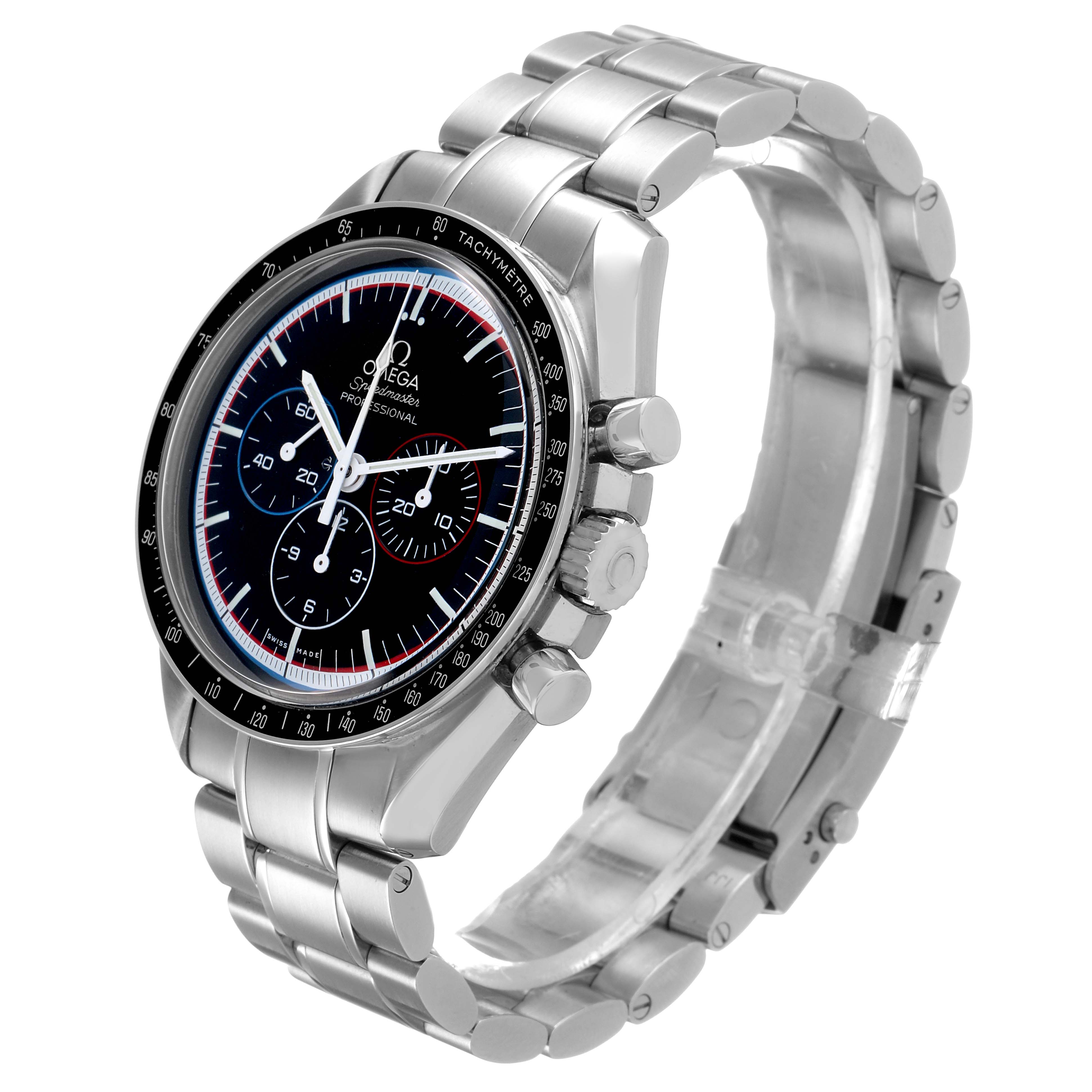 The Omega Speedmaster 311.30.42.30.01.003 Men's Stainless Steel Black Dial watch is shown at a slight angle, displaying the face, bezel, crown, and part of the metal bracelet.