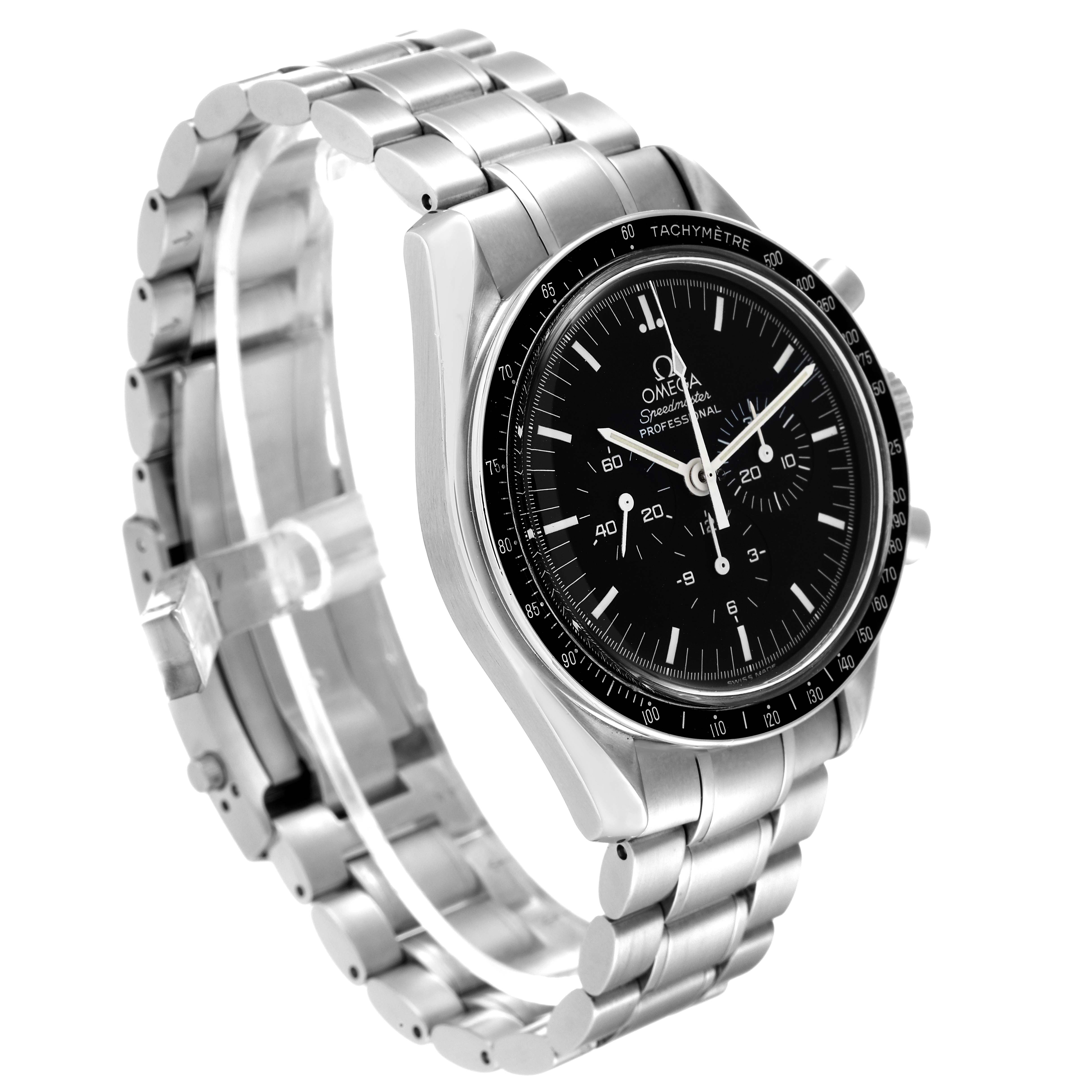 The Omega Speedmaster 3570.50.00 Men's Stainless Steel Black Dial 3570.50.00 Men's Stainless Steel Black Dial watch is shown from a front three-quarter angle, highlighting the face, bezel, and metal strap.