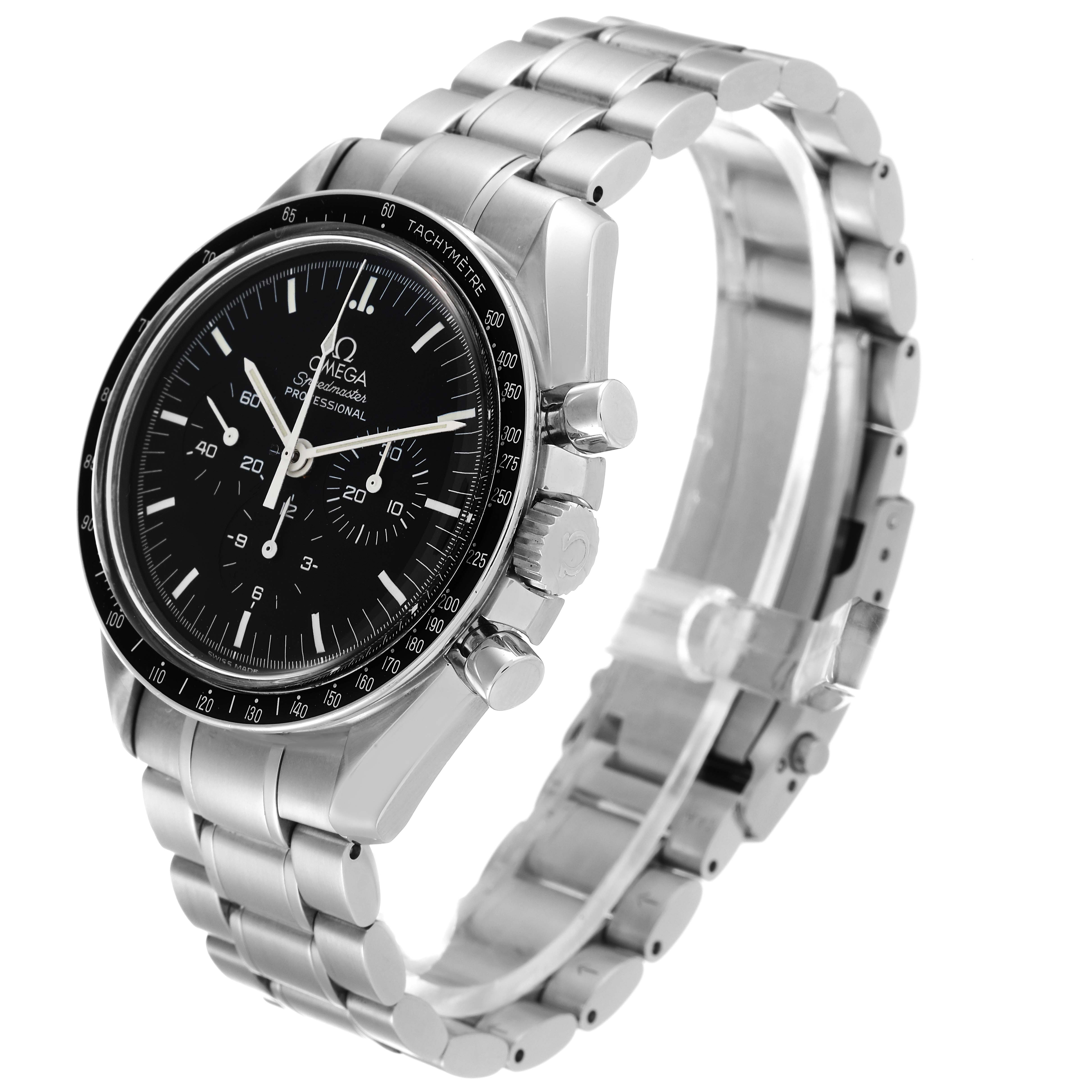 This image shows the Omega Speedmaster 3570.50.00 Men's Stainless Steel Black Dial 3570.50.00 Men's Stainless Steel Black Dial watch at a three-quarter angle, highlighting the face, bezel, crown, pushers, and bracelet.