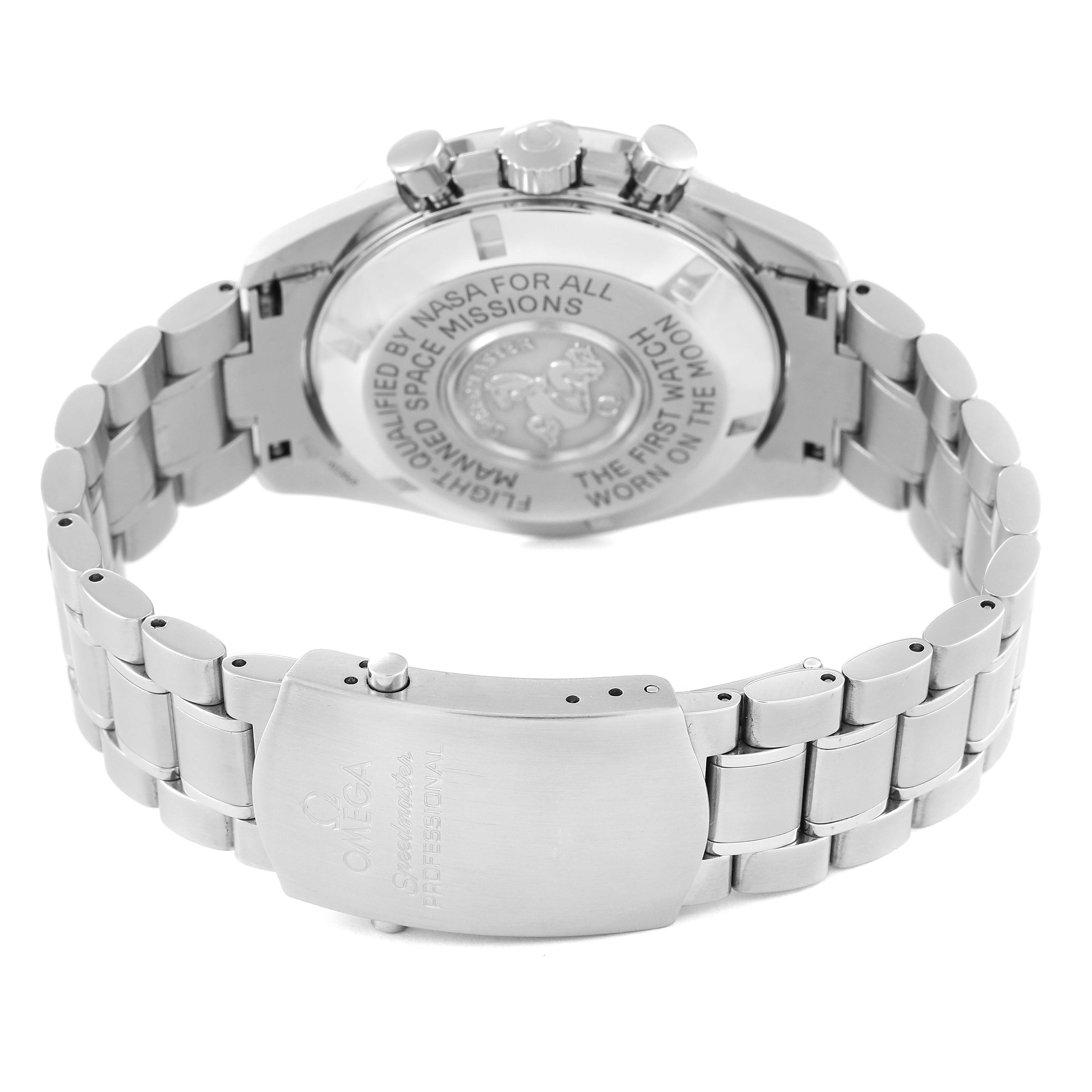 The image shows the back case and bracelet clasp of the Omega Speedmaster 3570.50.00 Men's Stainless Steel Black Dial 3570.50.00 Men's Stainless Steel Black Dial watch from an angled view.