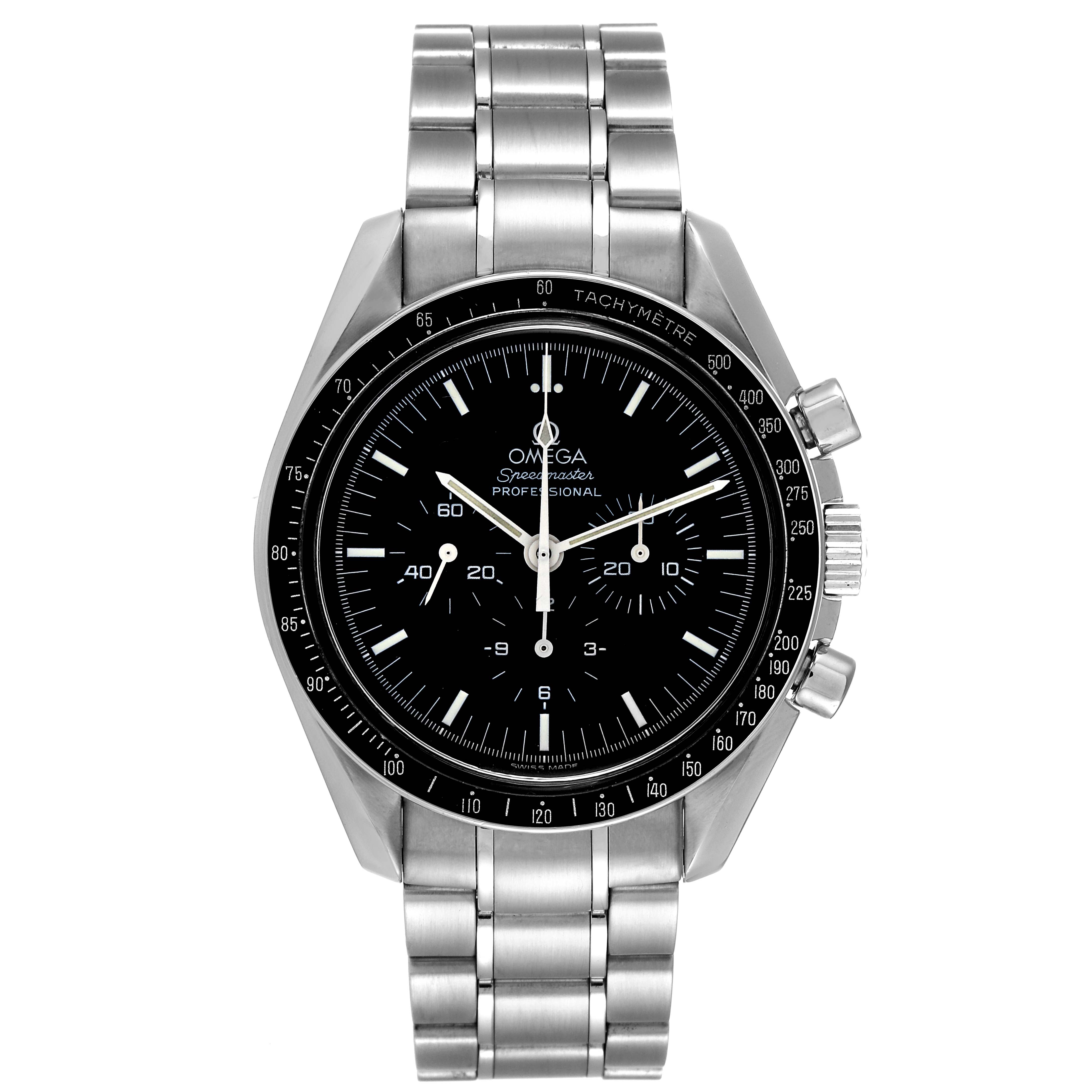 The image shows a front view of an Omega Speedmaster 3570.50.00 Men's Stainless Steel Black Dial 3570.50.00 Men's Stainless Steel Black Dial wristwatch, displaying its dial, three subdials, case, and bracelet.