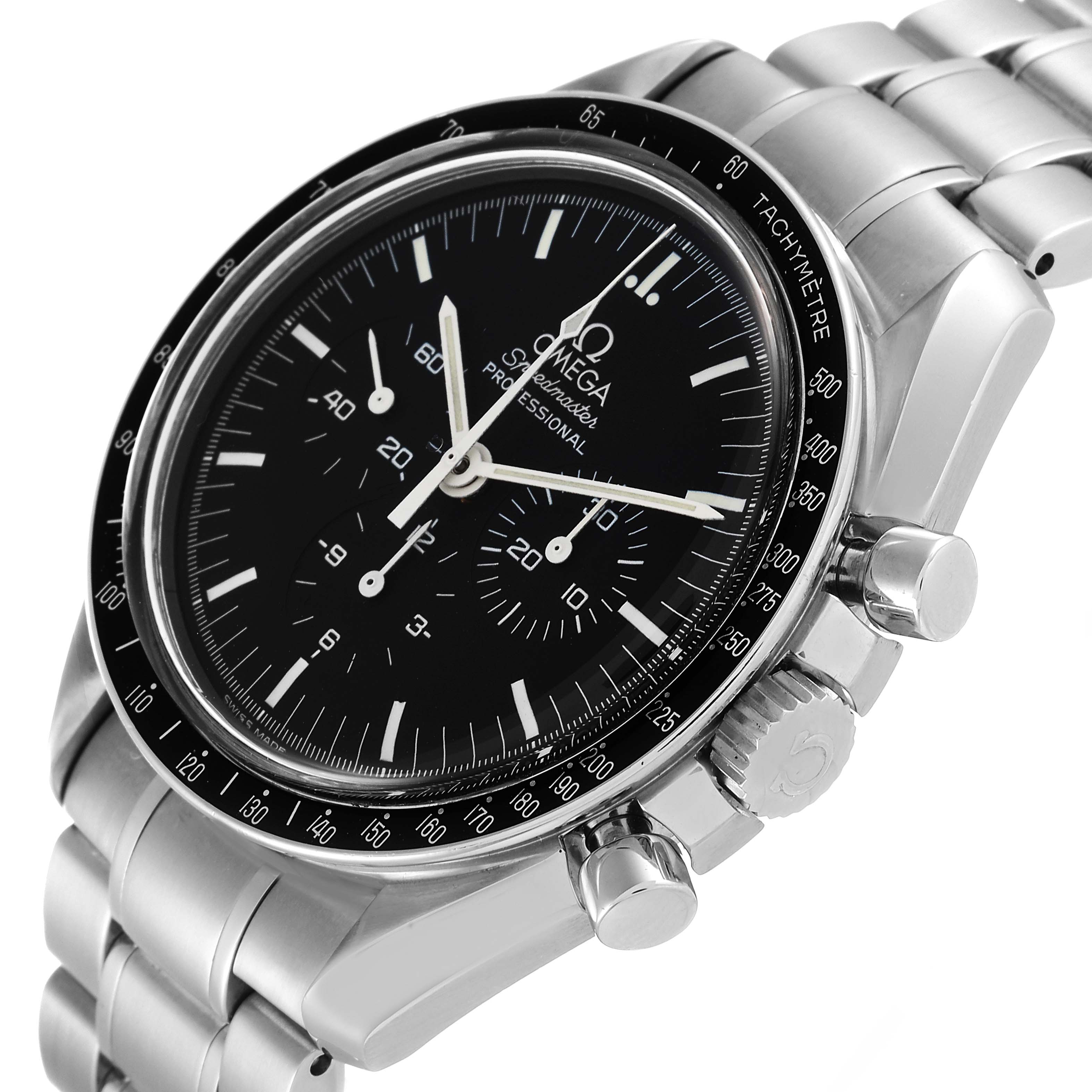 The image shows an Omega Speedmaster 3570.50.00 Men's Stainless Steel Black Dial 3570.50.00 Men's Stainless Steel Black Dial watch at an angle highlighting the face, bezel, crown, and stainless steel bracelet.