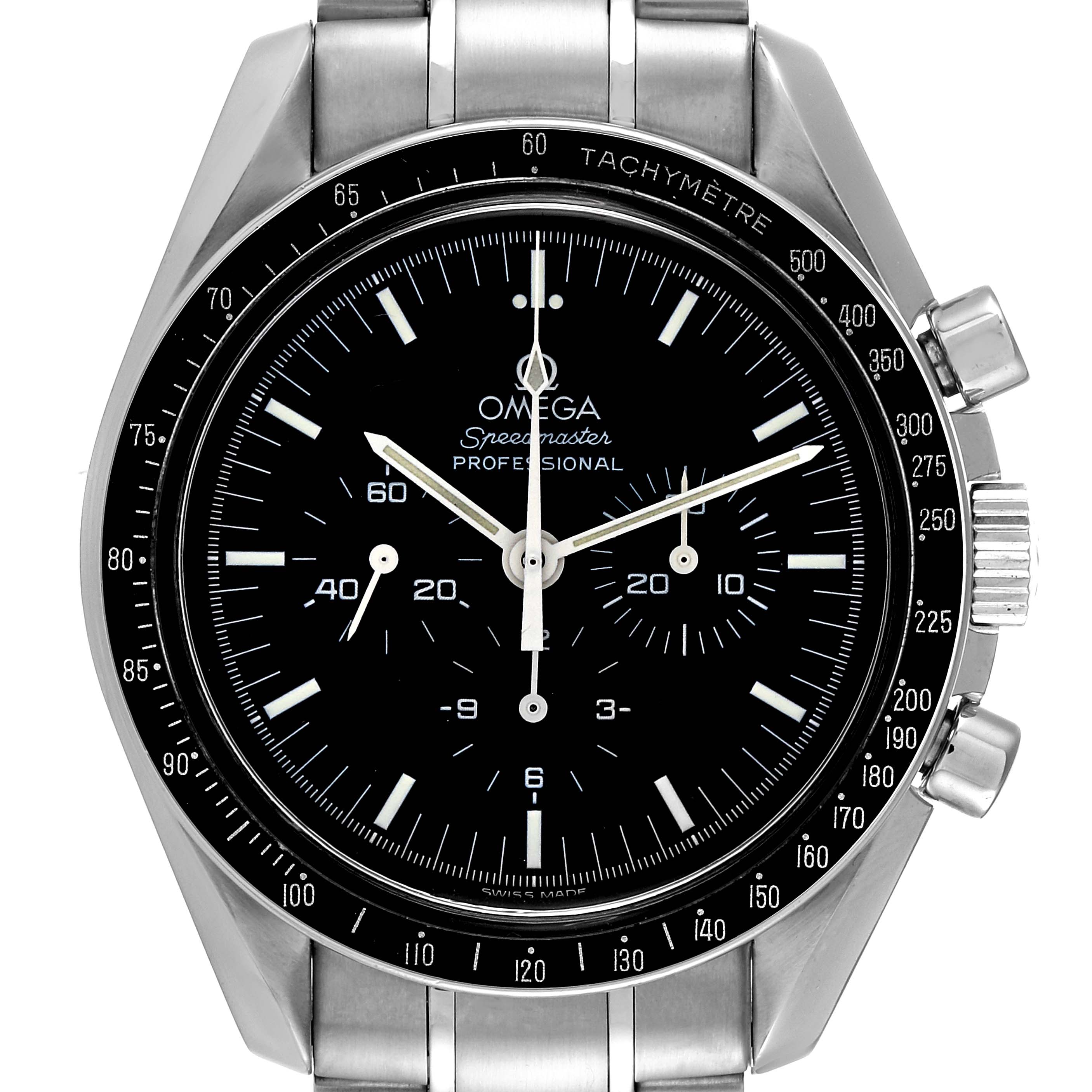 The Omega Speedmaster 3570.50.00 Men's Stainless Steel Black Dial 3570.50.00 Men's Stainless Steel Black Dial watch is shown from a front angle, displaying the dial, bezel, and part of the bracelet.