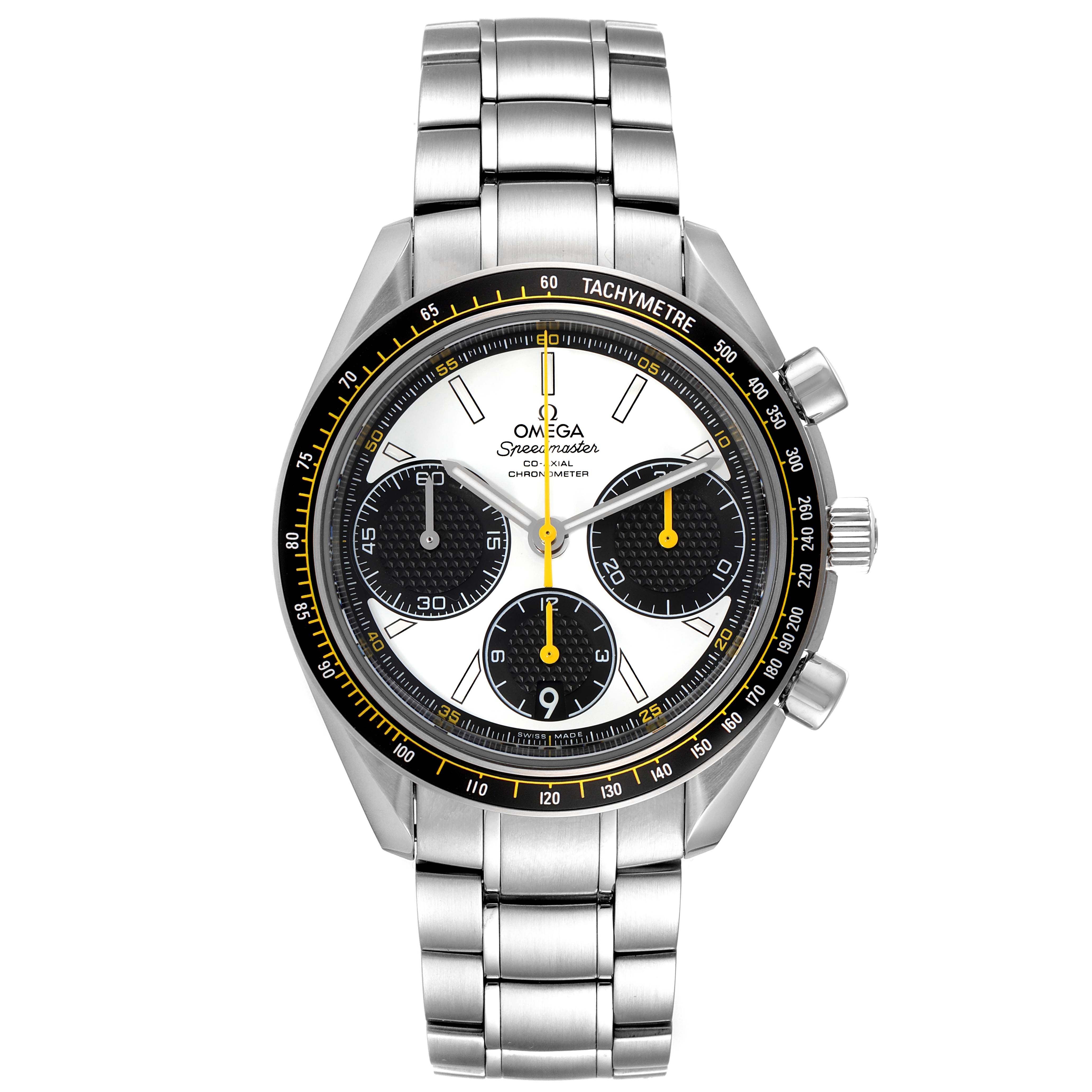 The Omega Speedmaster 326.30.40.50.04.001 Men's Stainless Steel White Dial 326.30.40.50.04.001 Men's Stainless Steel White Dial watch is shown from a front angle, highlighting its face, bezel, subdials, and metal bracelet.