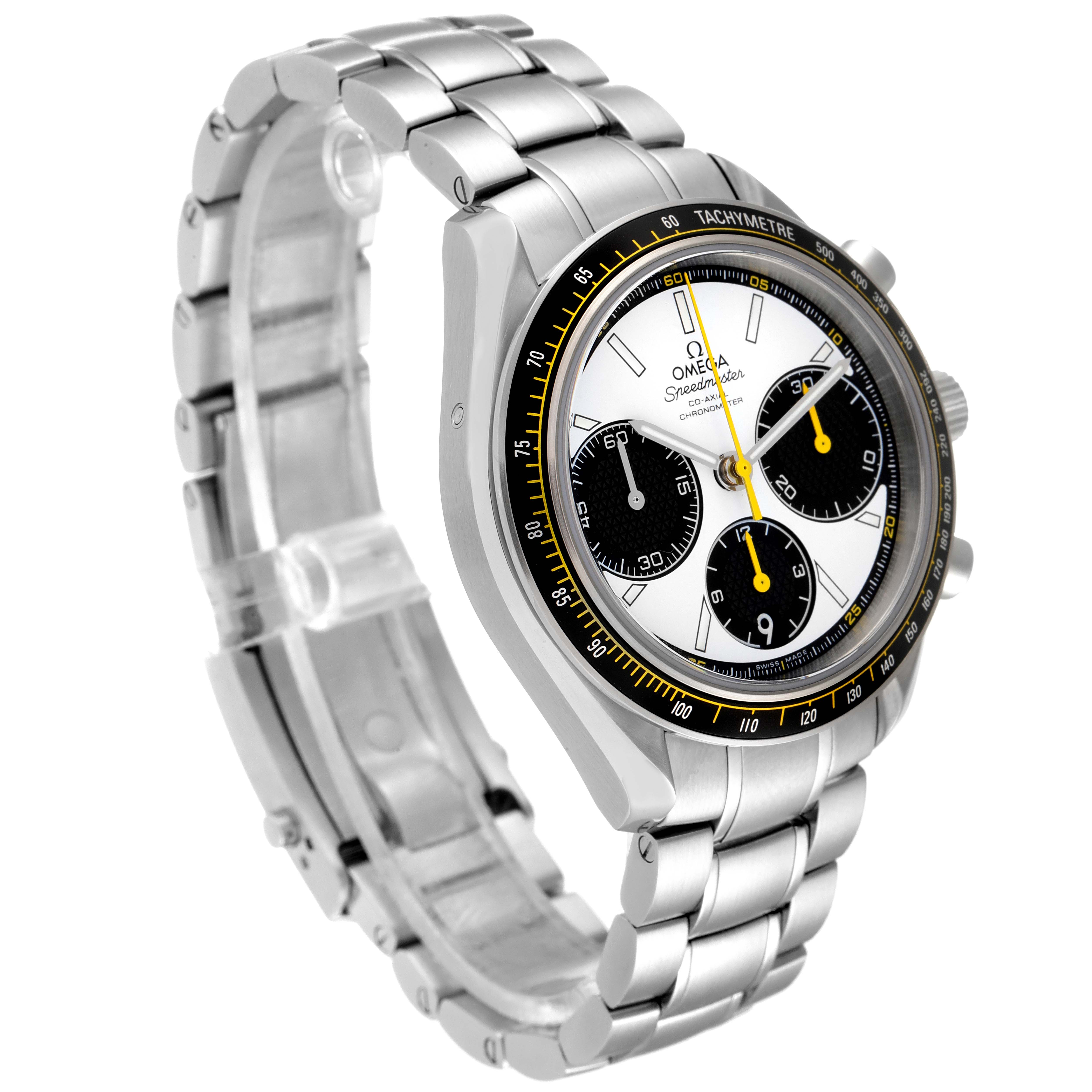 The Omega Speedmaster 326.30.40.50.04.001 Men's Stainless Steel White Dial 326.30.40.50.04.001 Men's Stainless Steel White Dial watch is shown at a three-quarter angle, highlighting its face, bezel, and bracelet.