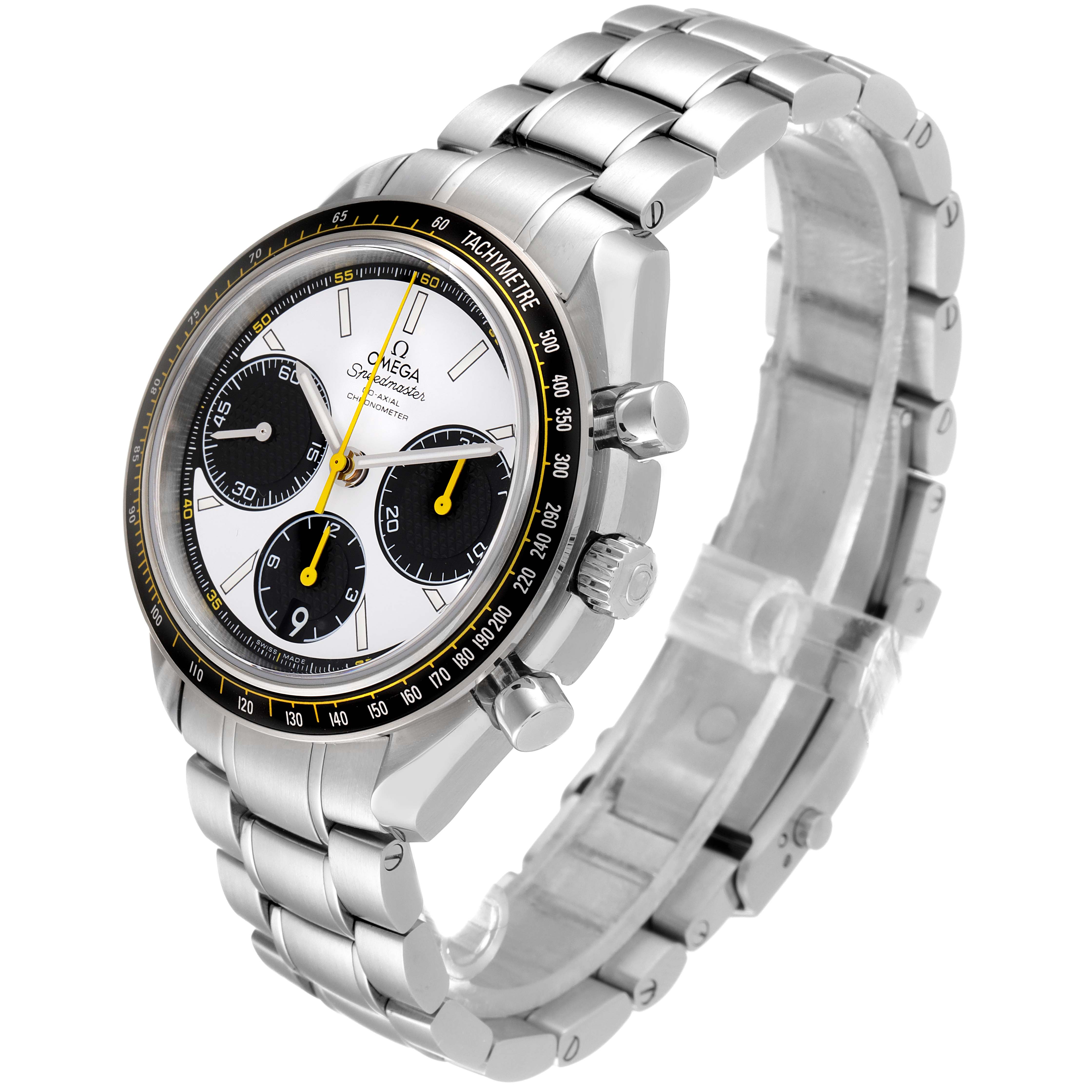 The image shows an angled view of an Omega Speedmaster 326.30.40.50.04.001 Men's Stainless Steel White Dial 326.30.40.50.04.001 Men's Stainless Steel White Dial watch, featuring its dial, tachymeter, and stainless steel bracelet.