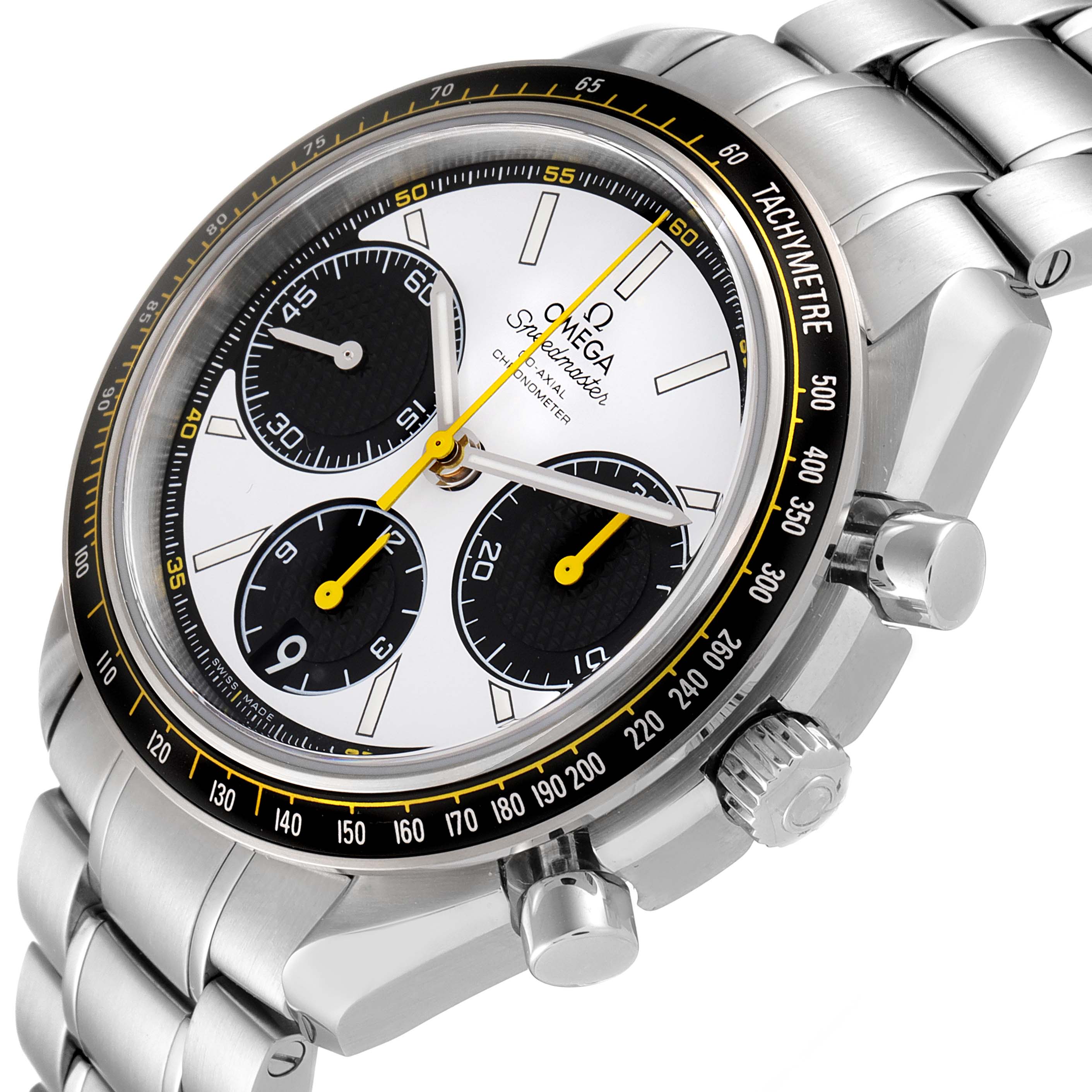 The image shows an Omega Speedmaster 326.30.40.50.04.001 Men's Stainless Steel White Dial 326.30.40.50.04.001 Men's Stainless Steel White Dial watch at an angle highlighting the watch face, chronograph sub-dials, bezel, crown, and pushers.