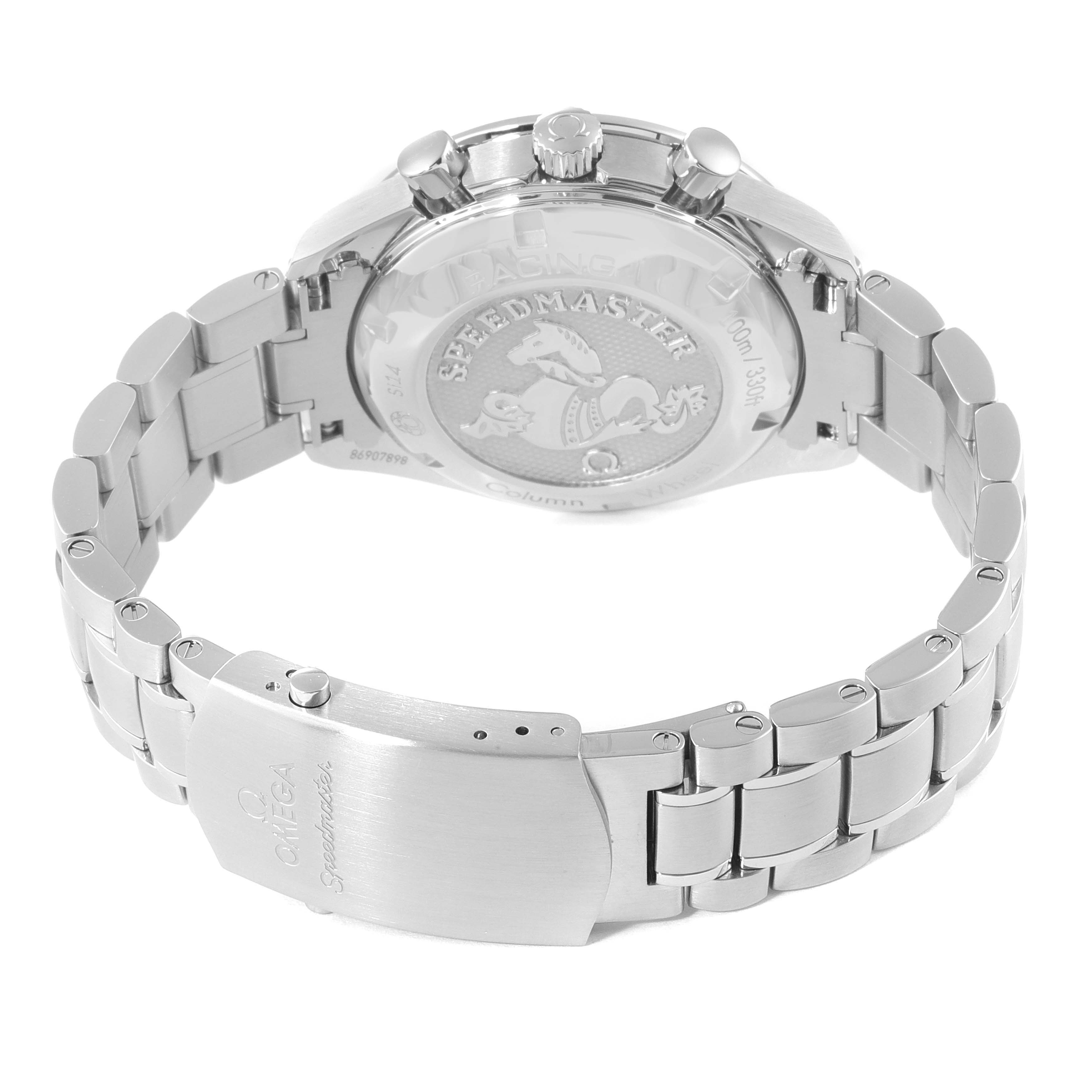 This image shows the Omega Speedmaster 326.30.40.50.04.001 Men's Stainless Steel White Dial 326.30.40.50.04.001 Men's Stainless Steel White Dial watch from the underside, displaying the case back and the bracelet clasp.