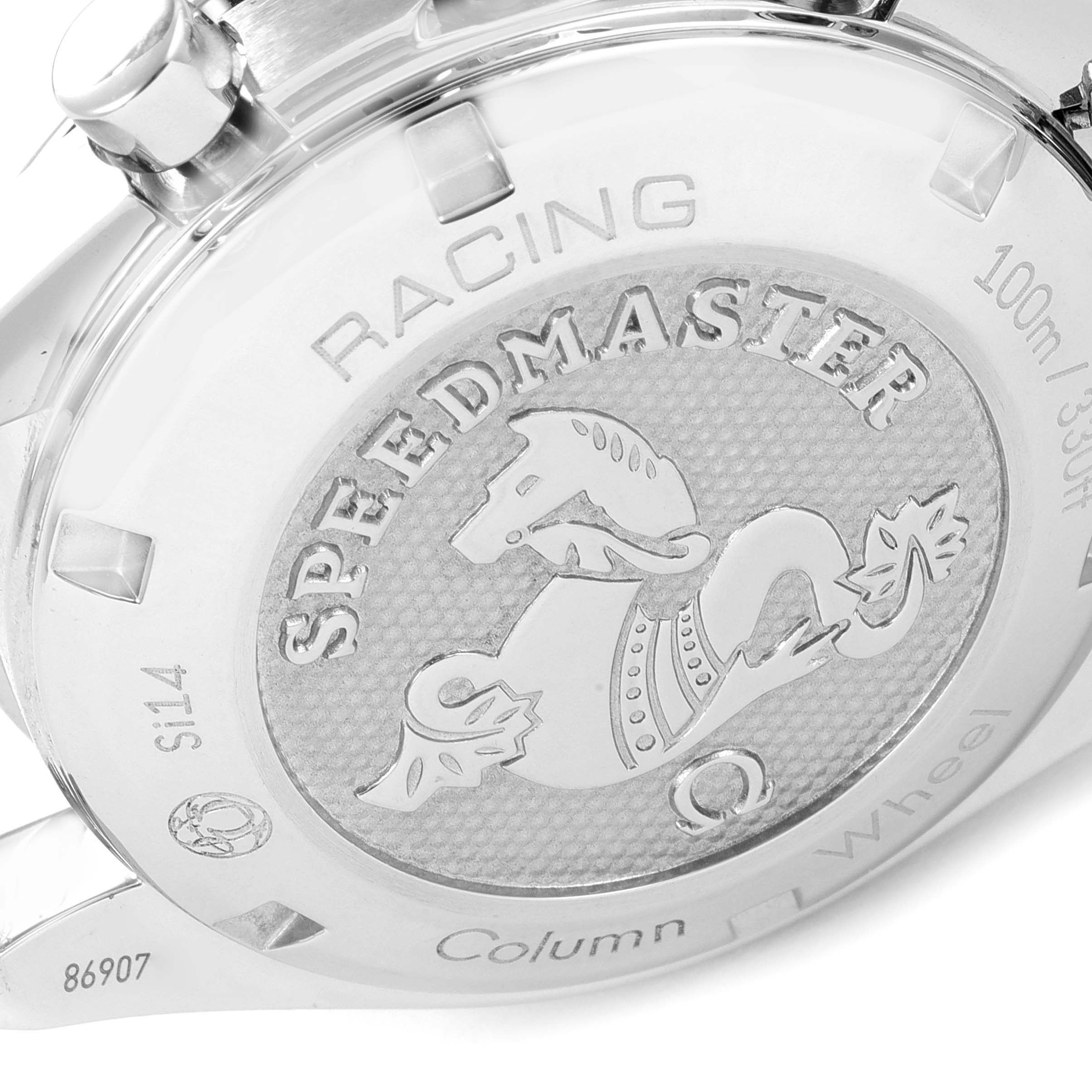 The image shows the case back of the Omega Speedmaster 326.30.40.50.04.001 Men's Stainless Steel White Dial 326.30.40.50.04.001 Men's Stainless Steel White Dial Racing watch at a slightly angled view.