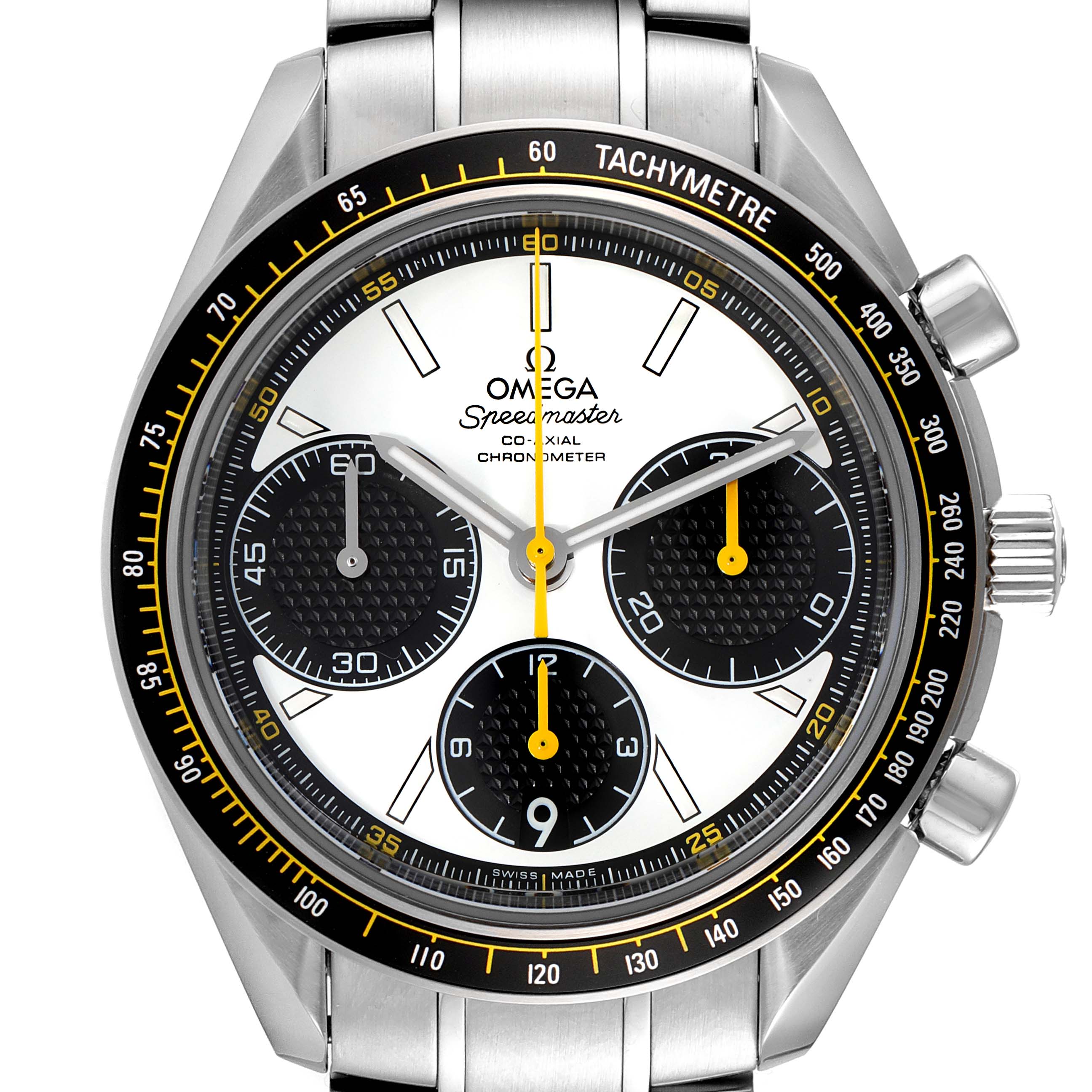The image shows a frontal view of the Omega Speedmaster 326.30.40.50.04.001 Men's Stainless Steel White Dial 326.30.40.50.04.001 Men's Stainless Steel White Dial, highlighting its dial, tachymeter bezel, and subdials.