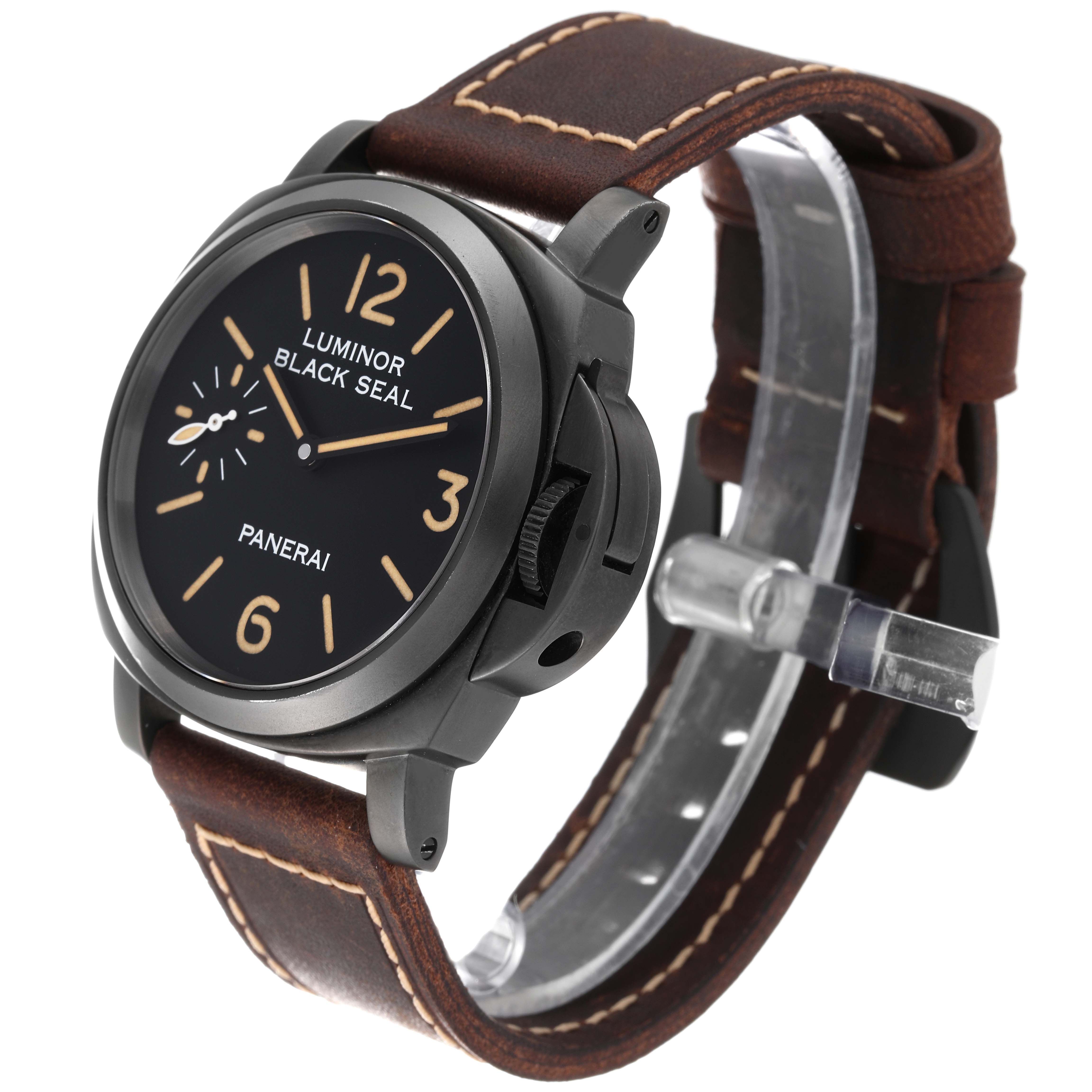 The image shows a Panerai Luminor PAM00785 Men's Stainless Steel Black Dial PAM00785 Men's Stainless Steel Black Dial Black Seal model watch at a three-quarter angle, displaying its face, brown leather strap, and crown guard.