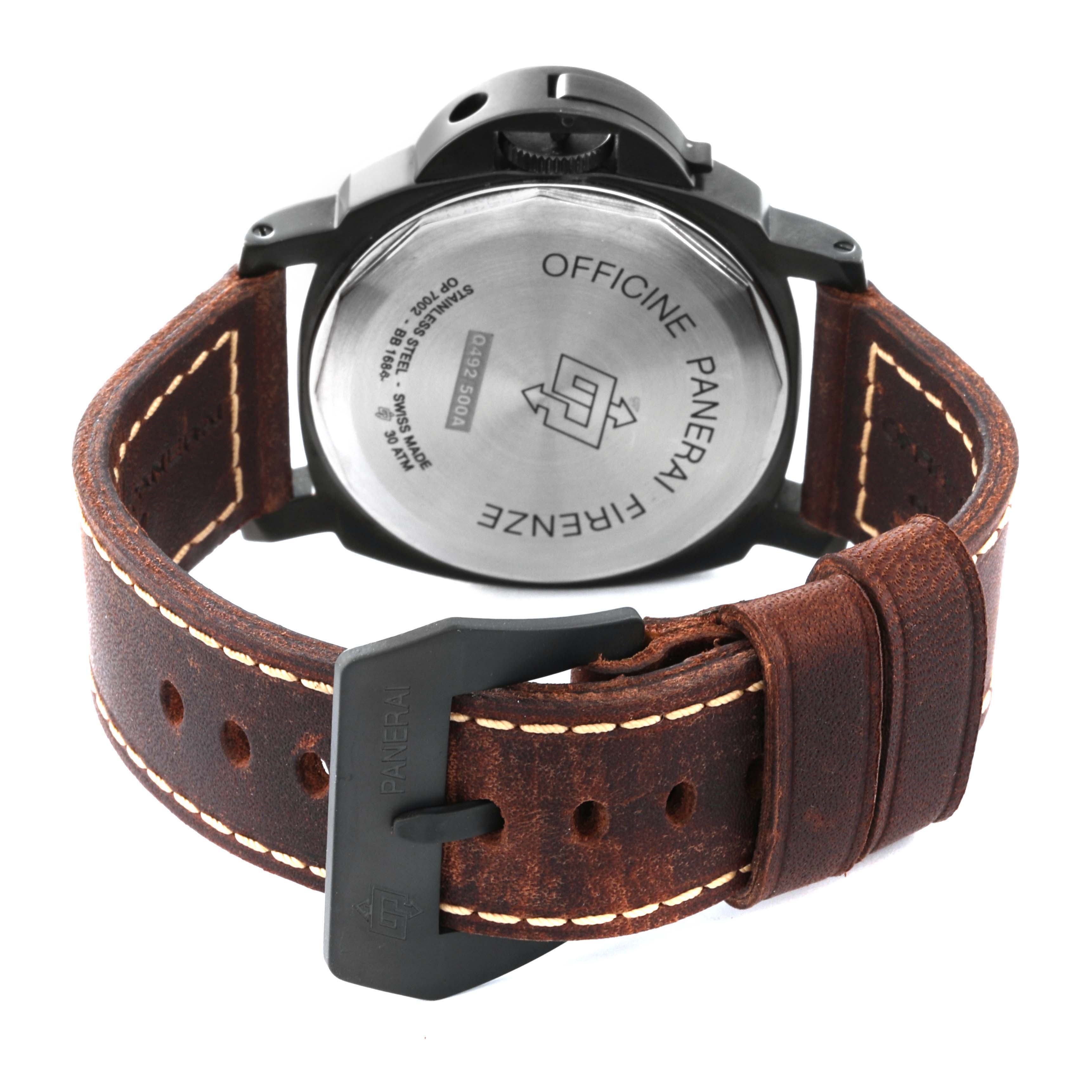 The image shows the back view of a Panerai Luminor PAM00785 Men's Stainless Steel Black Dial PAM00785 Men's Stainless Steel Black Dial watch, focusing on the case back, leather strap, and buckle.