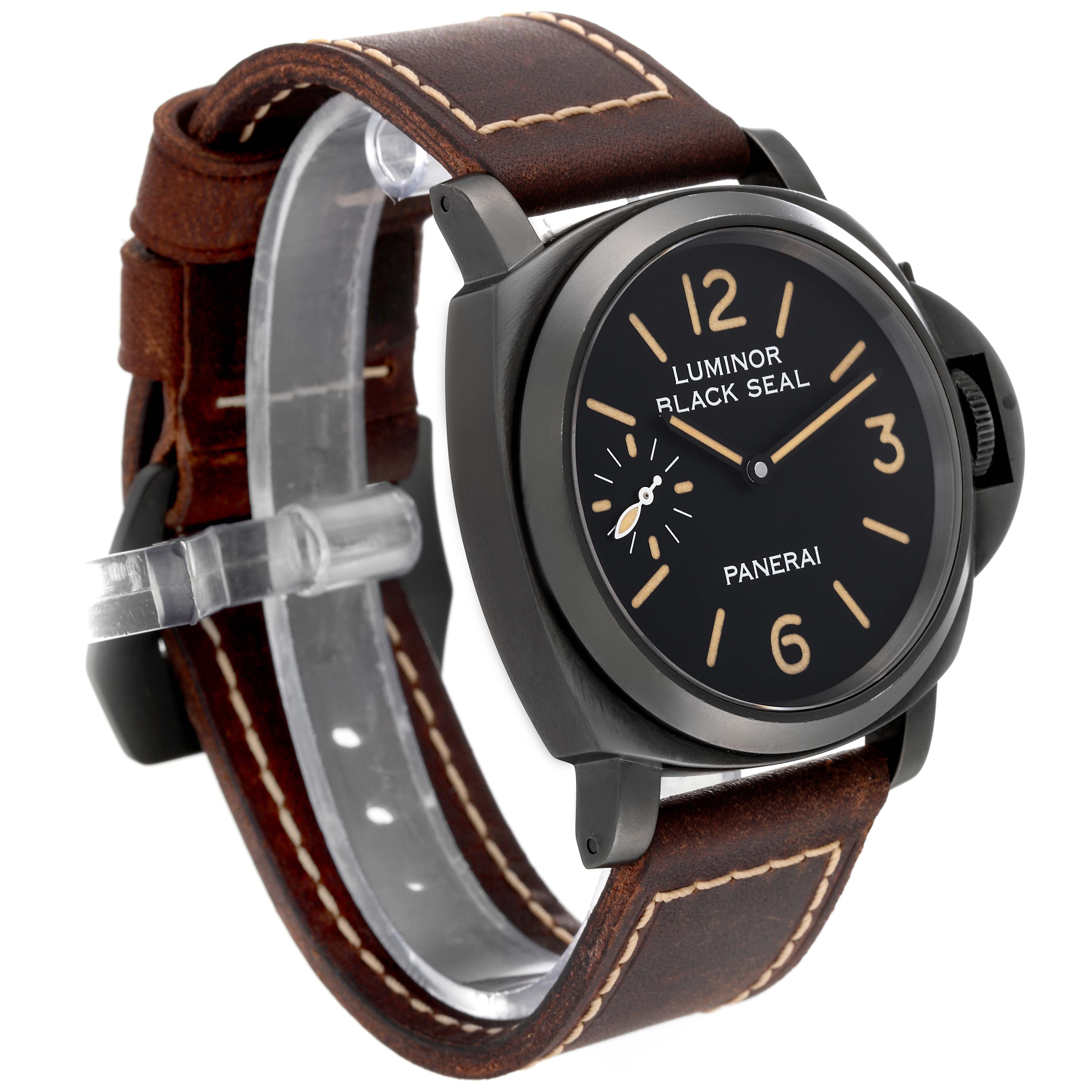 The image shows a side view of a Panerai Luminor PAM00785 Men's Stainless Steel Black Dial PAM00785 Men's Stainless Steel Black Dial watch with its face and leather strap clearly visible.