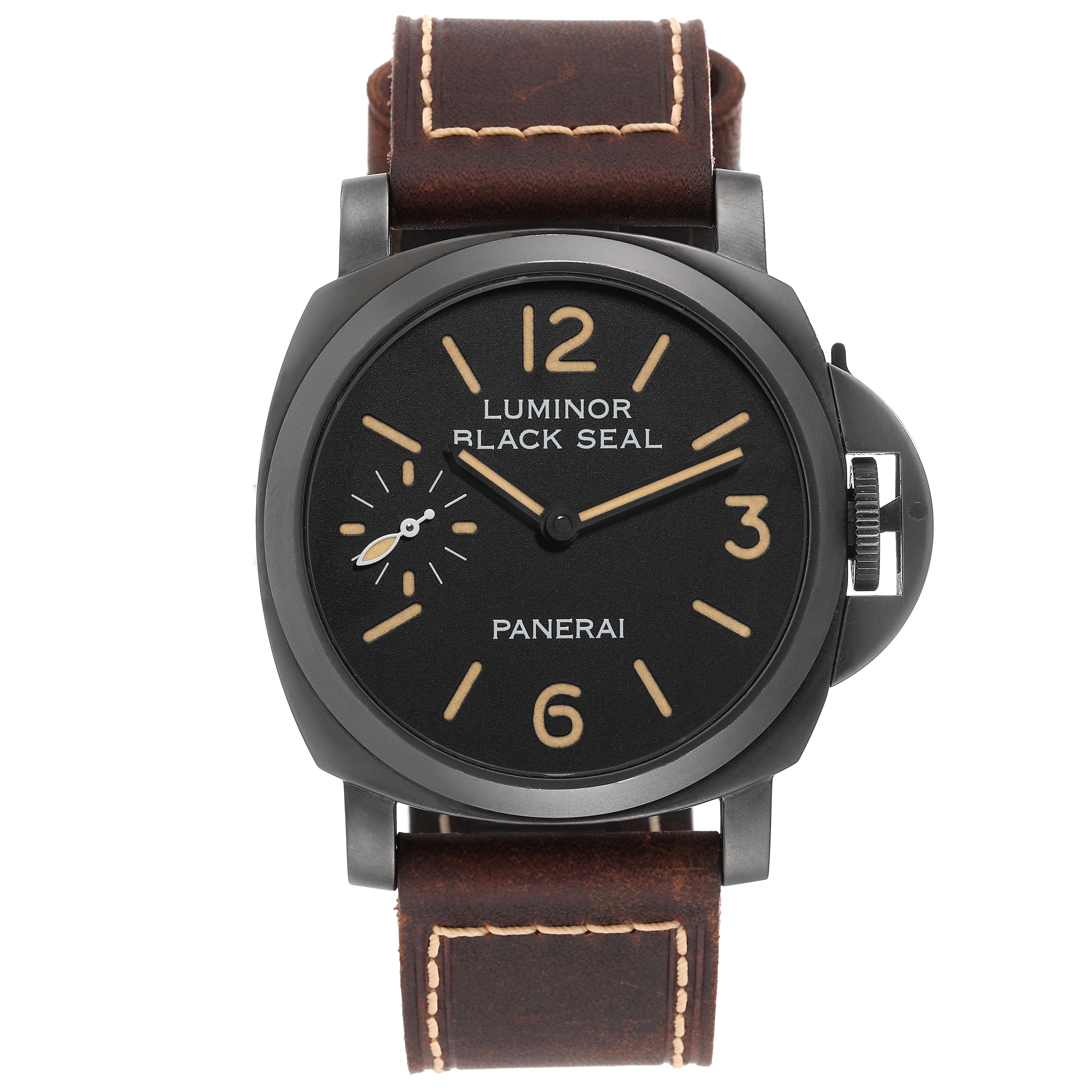 This image shows a front view of the Panerai Luminor PAM00785 Men's Stainless Steel Black Dial PAM00785 Men's Stainless Steel Black Dial Black Seal watch, highlighting the dial, case, and brown leather strap.