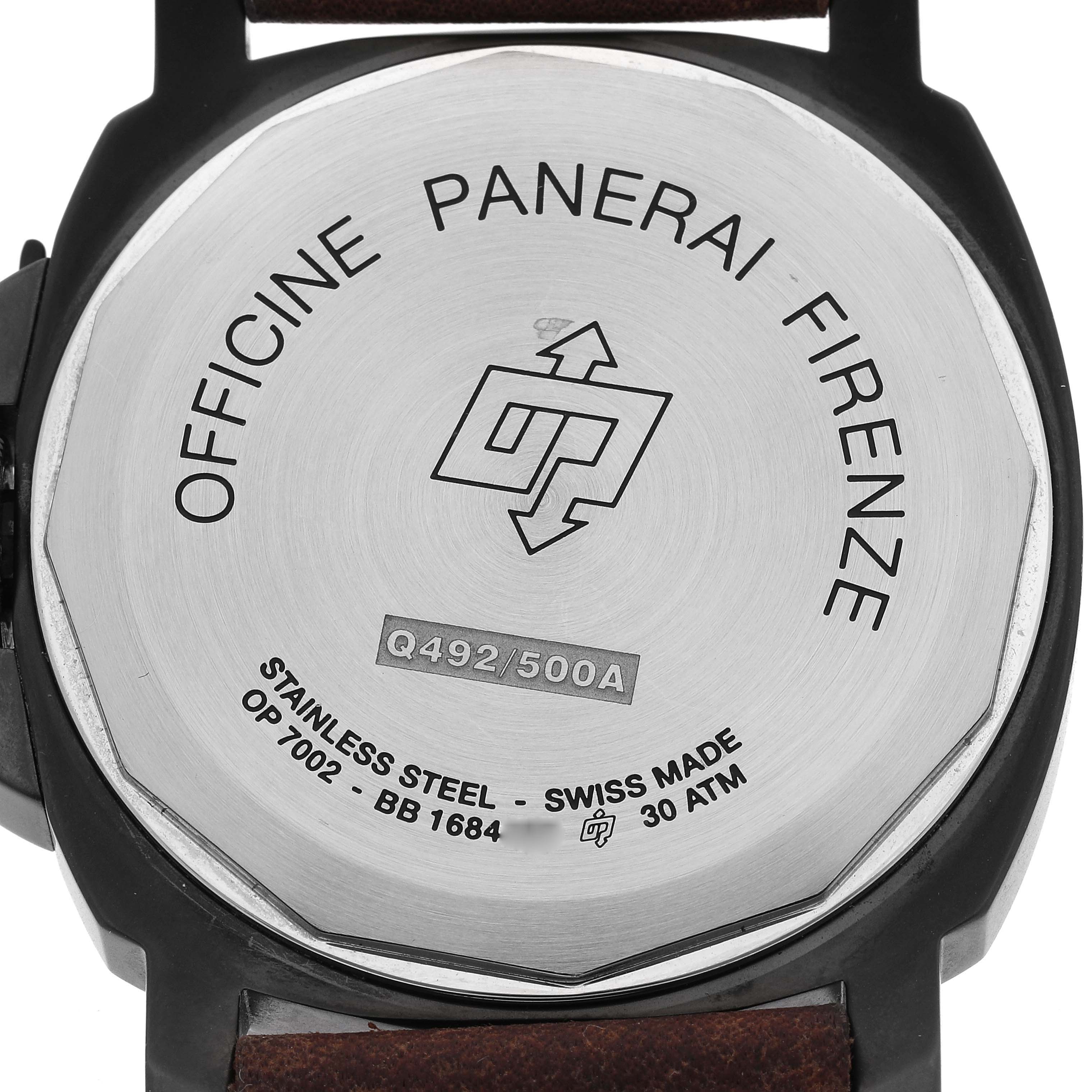 The image shows the case back of a Panerai Luminor PAM00785 Men's Stainless Steel Black Dial PAM00785 Men's Stainless Steel Black Dial watch, featuring engravings and the model details.