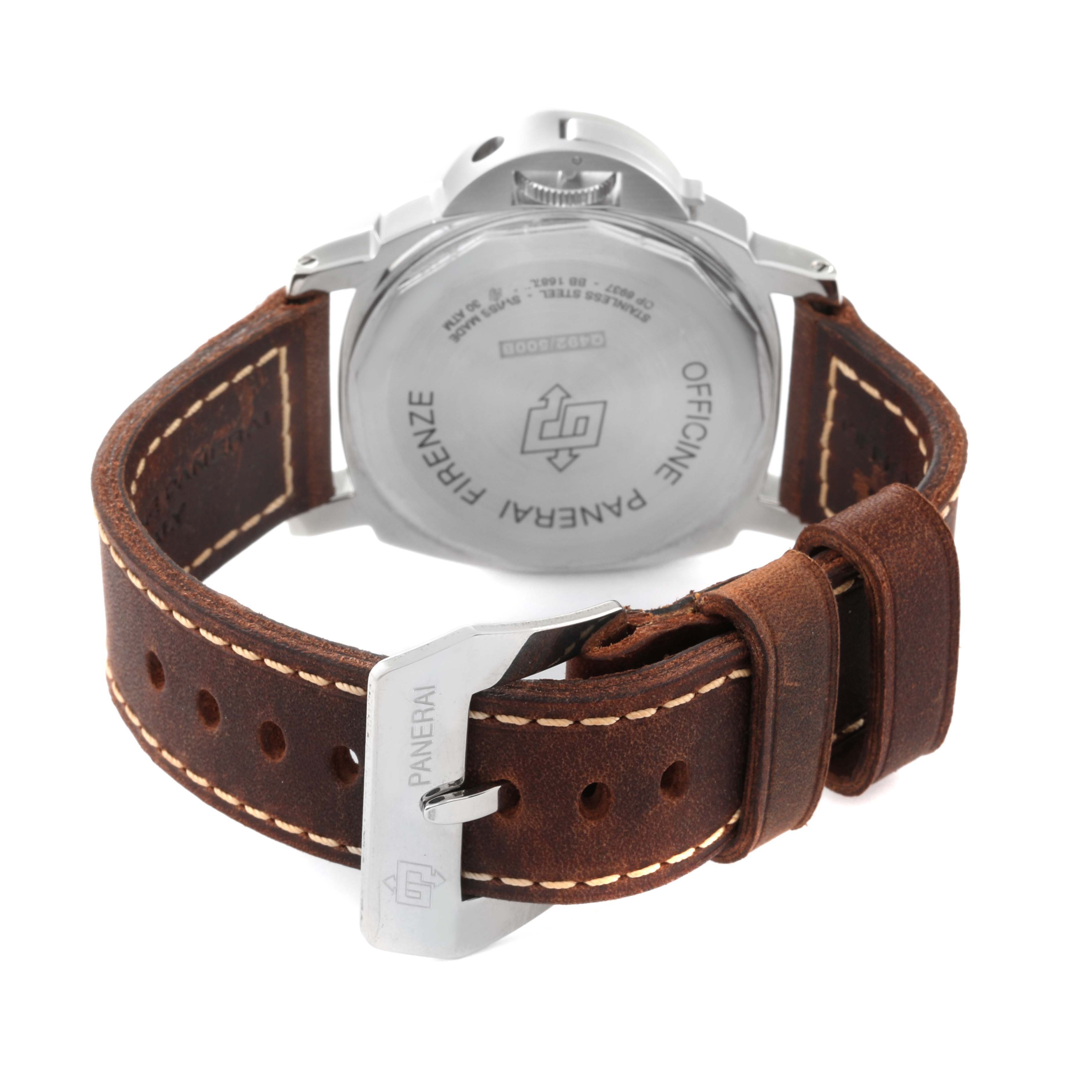 The image shows the back view of a Panerai Luminor PAM00785 Men's Stainless Steel Black Dial PAM00785 Men's Stainless Steel Black Dial watch, highlighting its case back, crown, and leather strap with a buckle.