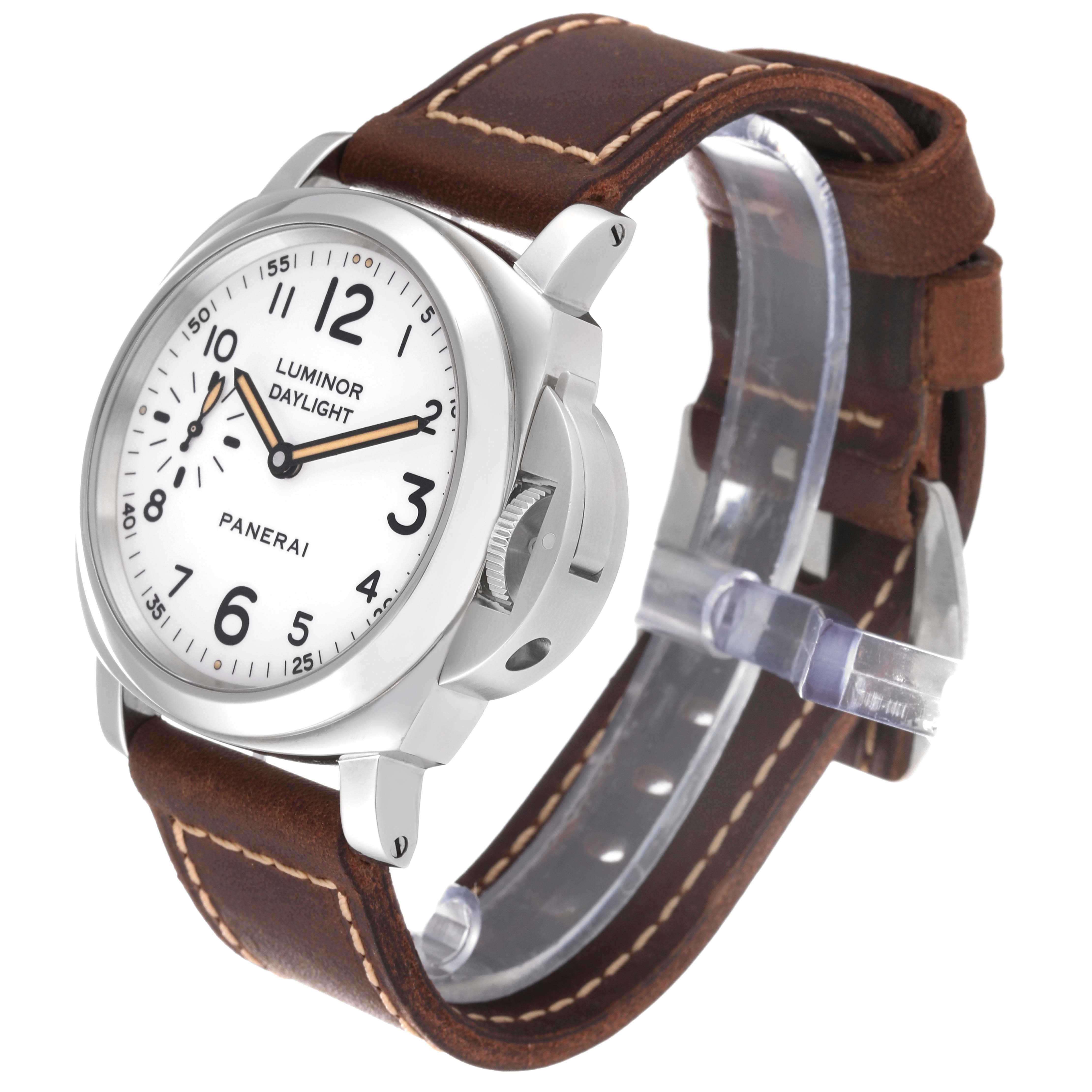 The image shows a Panerai Luminor PAM00785 Men's Stainless Steel Black Dial PAM00785 Men's Stainless Steel Black Dial watch with a side angle, highlighting its white dial and brown leather strap.