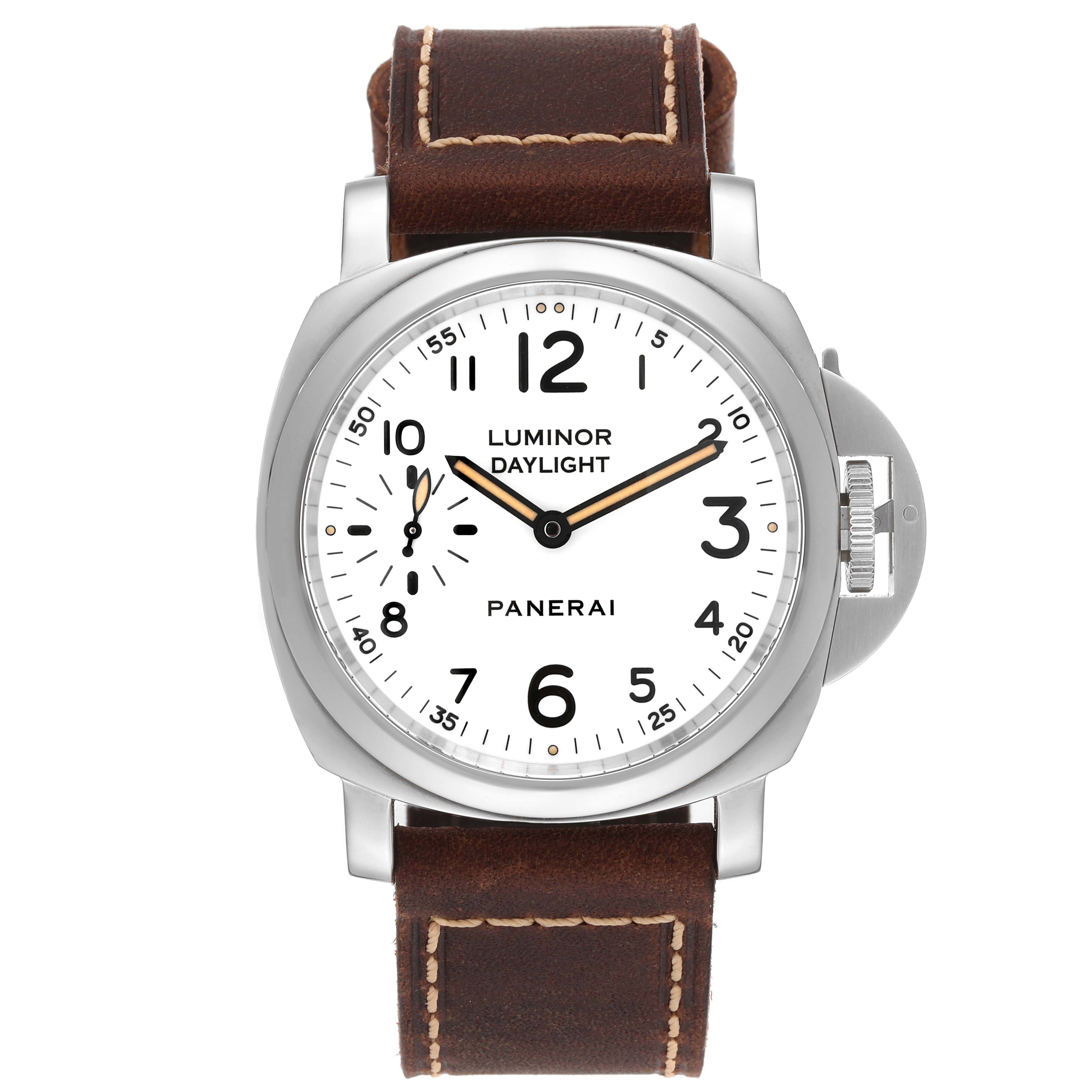 This image shows a front view of the Panerai Luminor PAM00785 Men's Stainless Steel Black Dial PAM00785 Men's Stainless Steel Black Dial watch with a white dial, brown leather strap, and distinct crown guard.