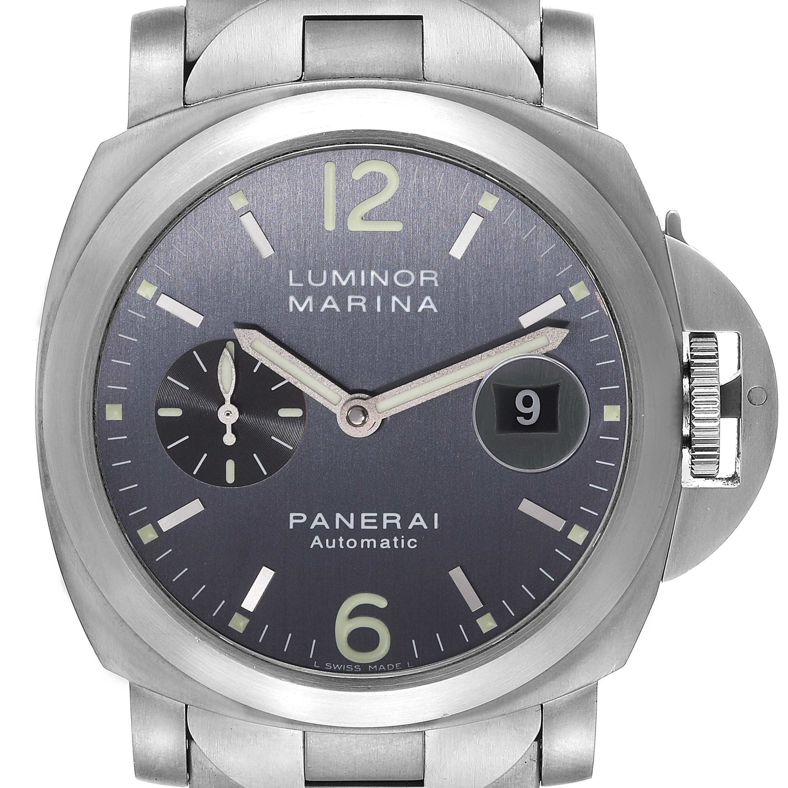 This image shows a front view of the Panerai Luminor PAM00091 Men's Titanium Grey Dial PAM00091 Men's Titanium Grey Dial Marina watch, showcasing its dial, date display, and bracelet.