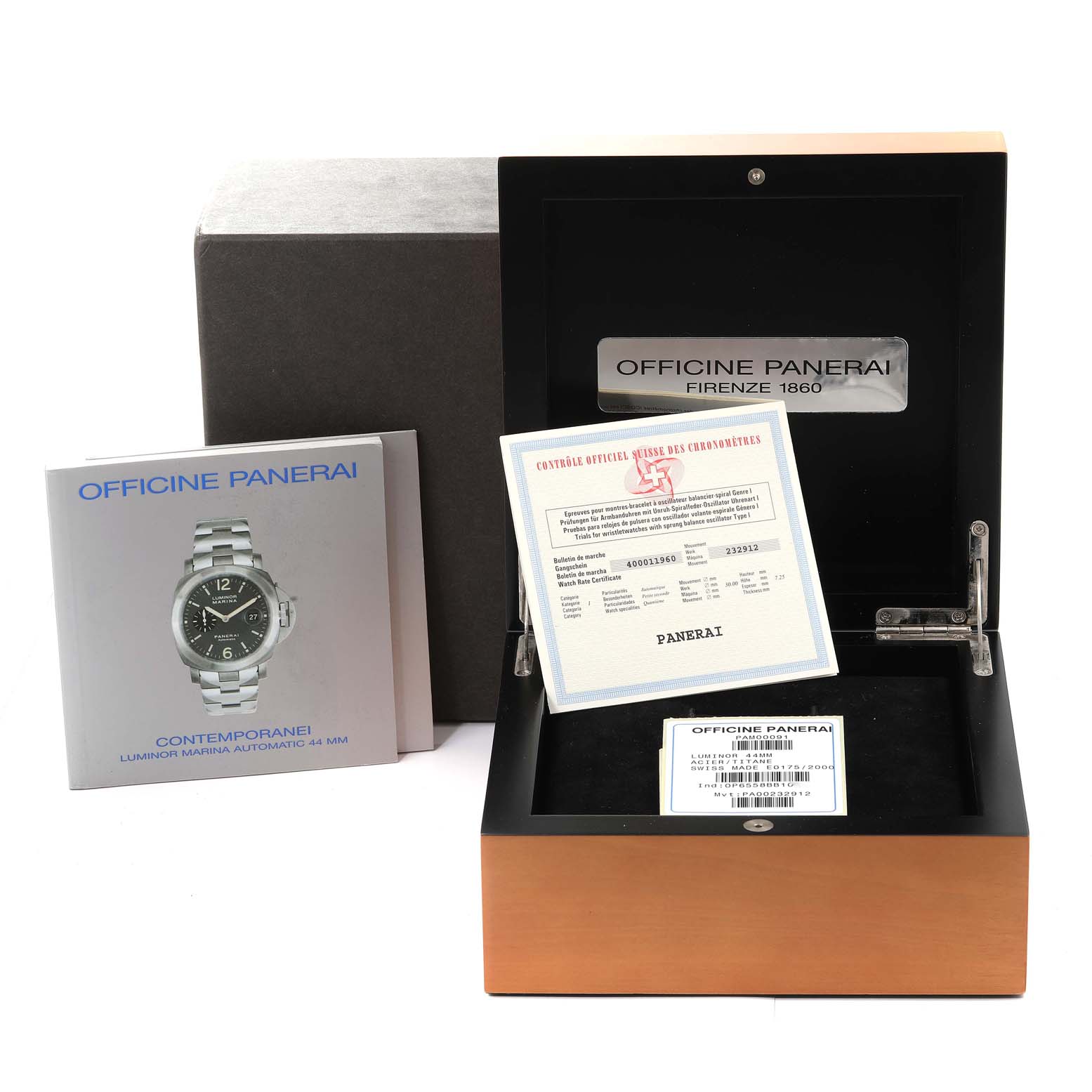 The image shows a Panerai Luminor PAM00091 Men's Titanium Grey Dial PAM00091 Men's Titanium Grey Dial watch box, manual, and certificate from an angled front view.