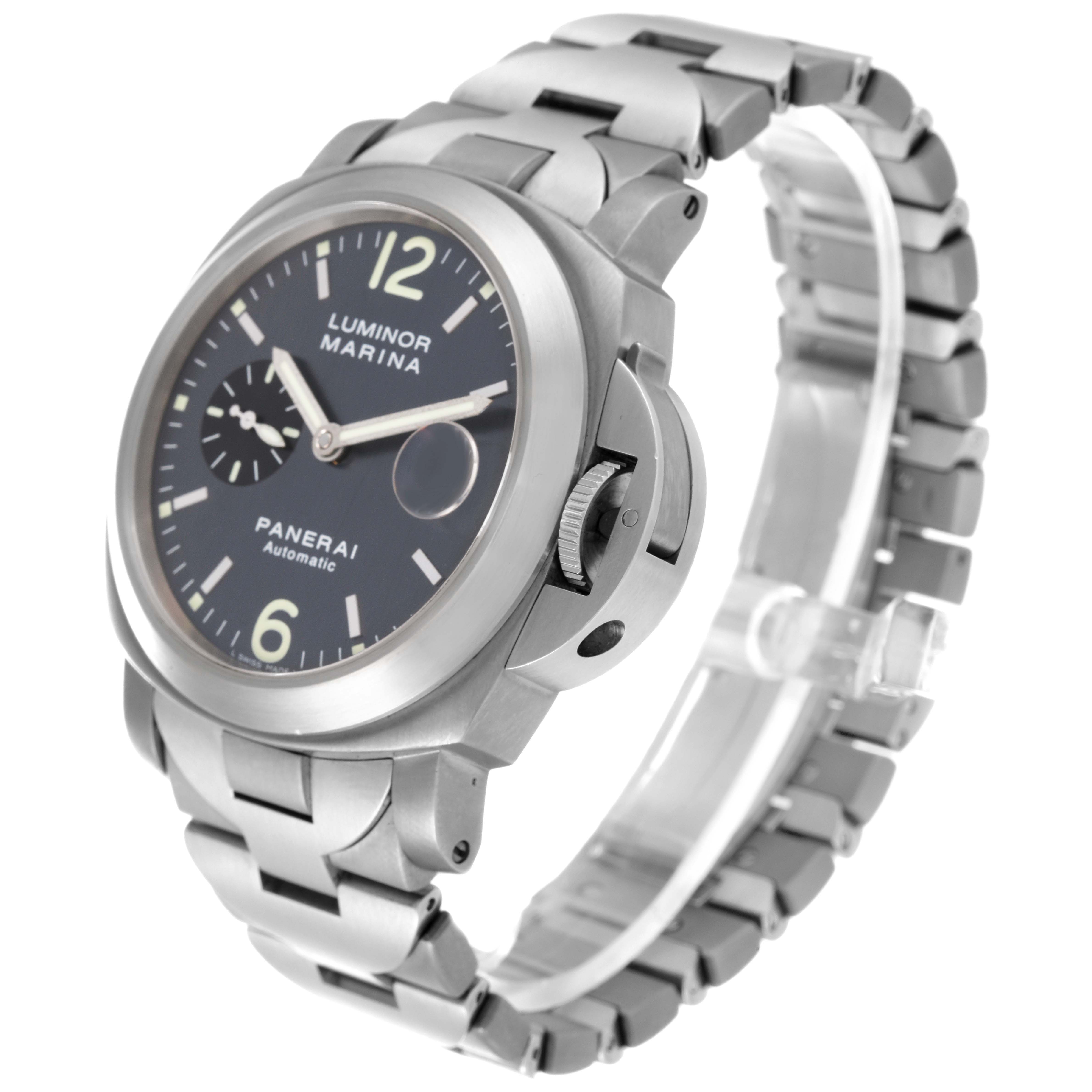 The image shows a Panerai Luminor PAM00091 Men's Titanium Grey Dial PAM00091 Men's Titanium Grey Dial watch from a slightly angled side view, highlighting the face, crown guard, and metal bracelet.