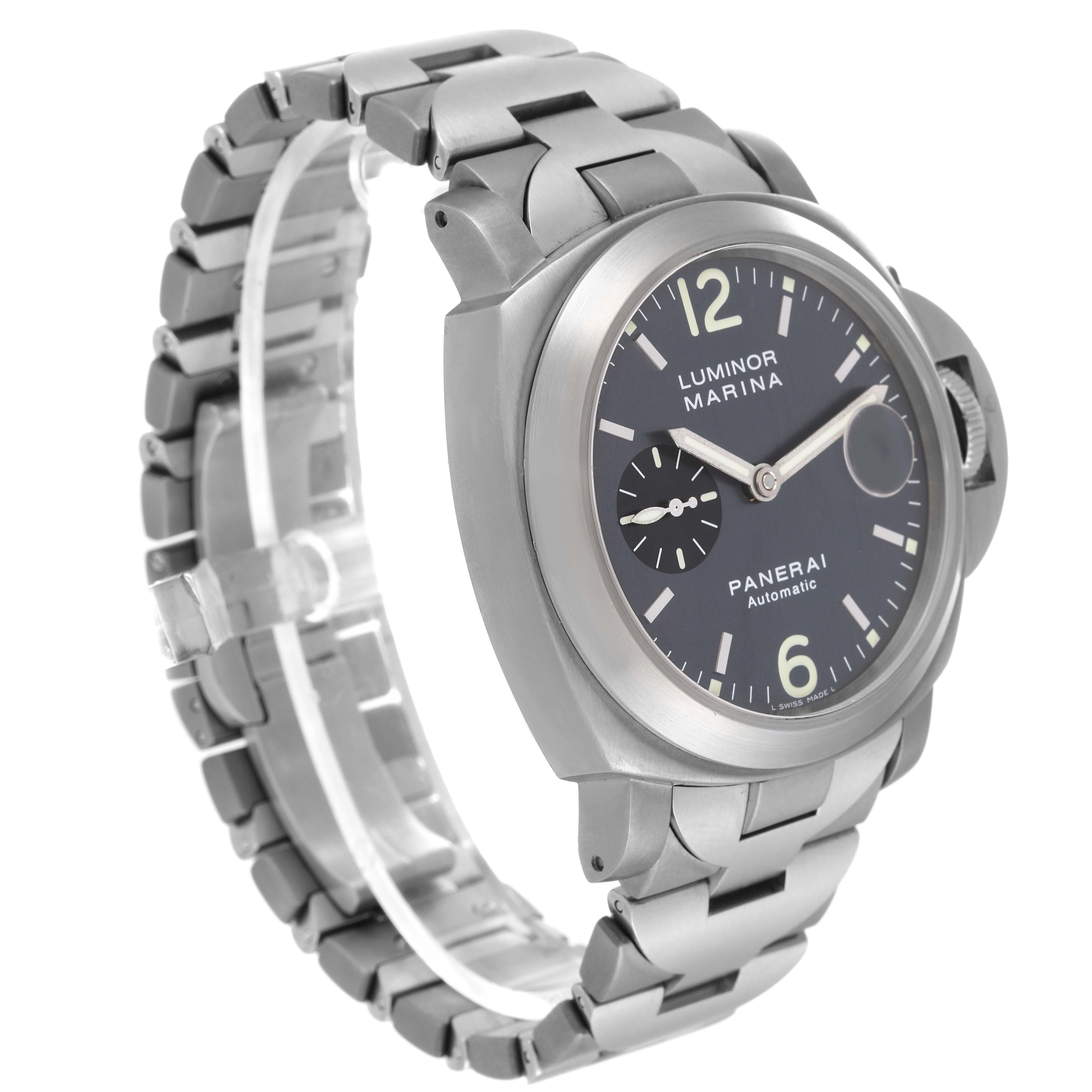The watch is a Panerai Luminor PAM00091 Men's Titanium Grey Dial PAM00091 Men's Titanium Grey Dial model, shown at an angle highlighting its dial, bezel, and stainless steel bracelet.